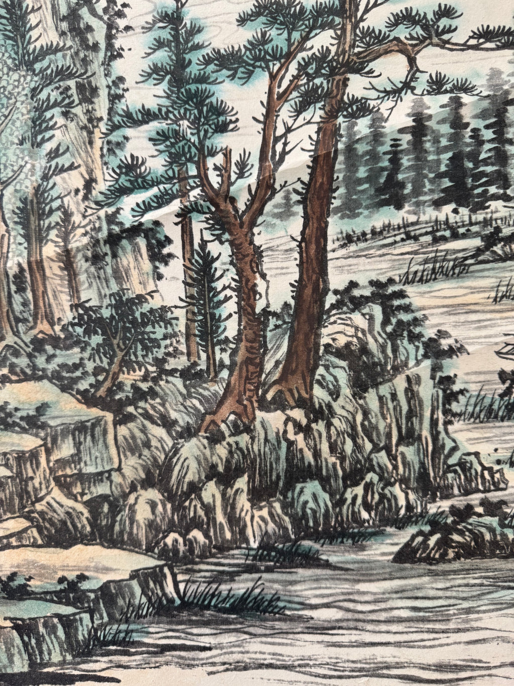 Vintage Japanese Hanging Scroll – Mountain Landscape with River and Pine Trees