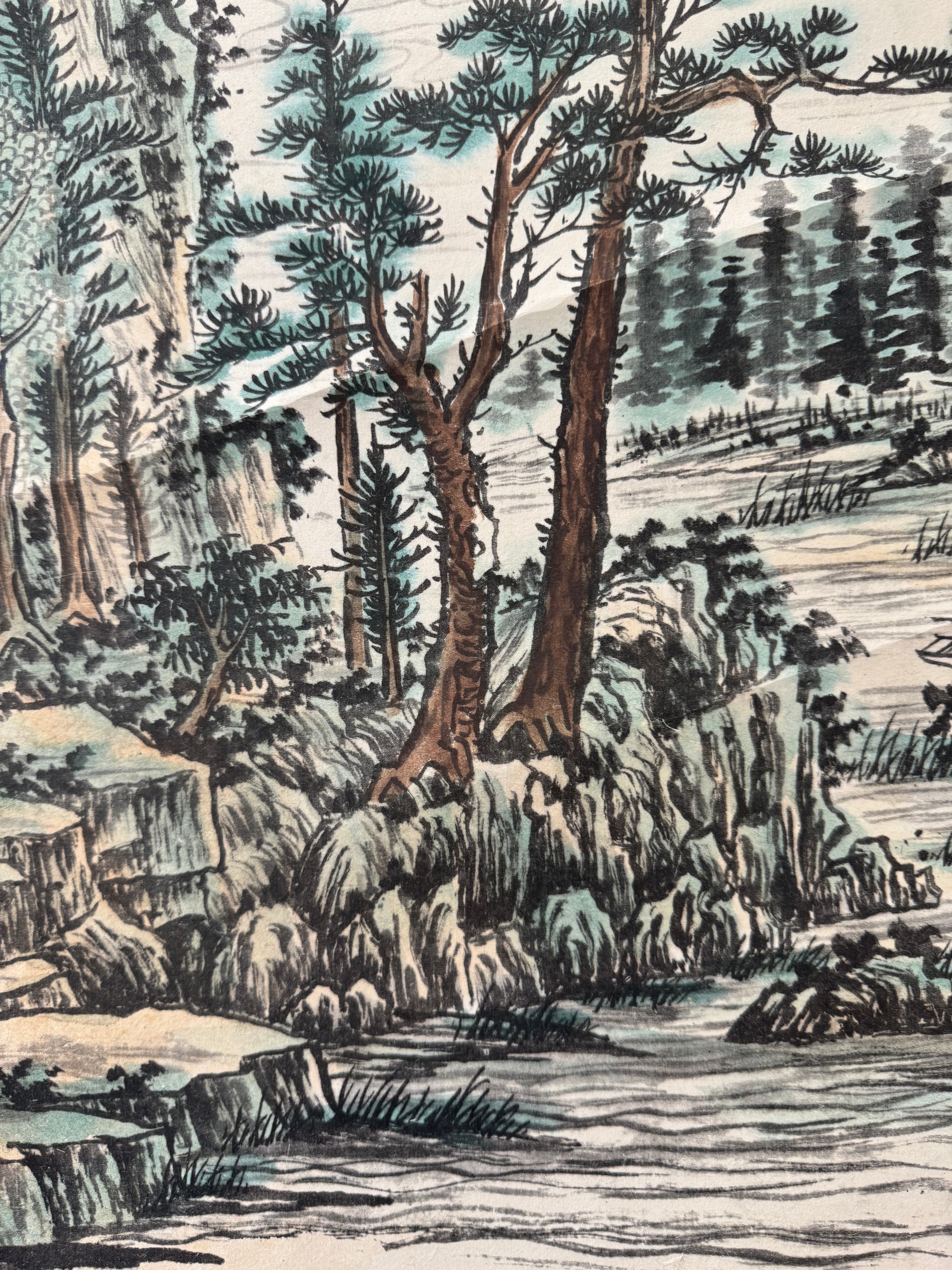 Vintage Japanese Hanging Scroll – Mountain Landscape with River and Pine Trees