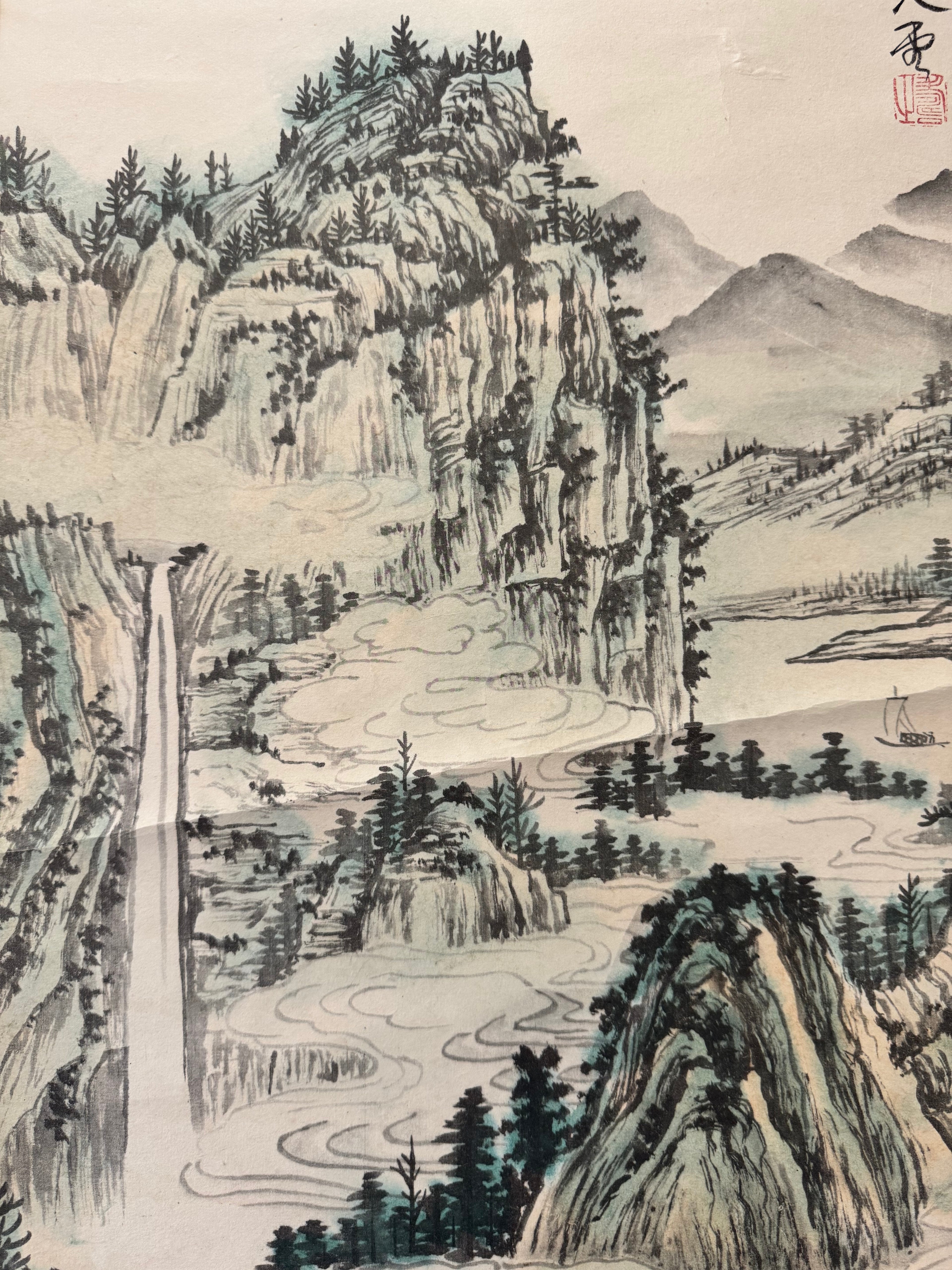 Vintage Japanese Hanging Scroll – Mountain Landscape with River and Pine Trees