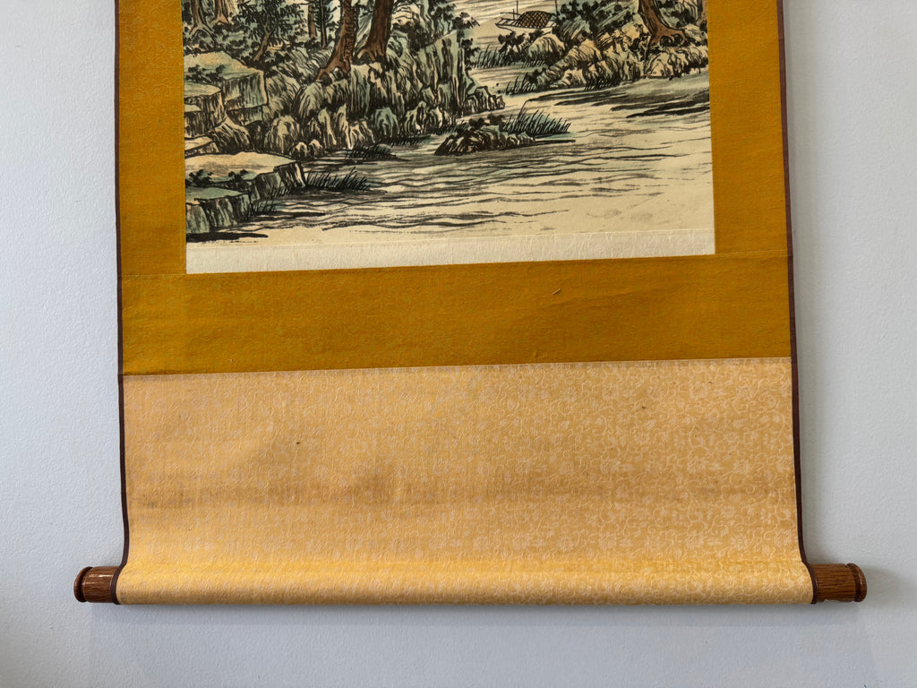 Vintage Japanese Hanging Scroll – Mountain Landscape with River and Pine Trees