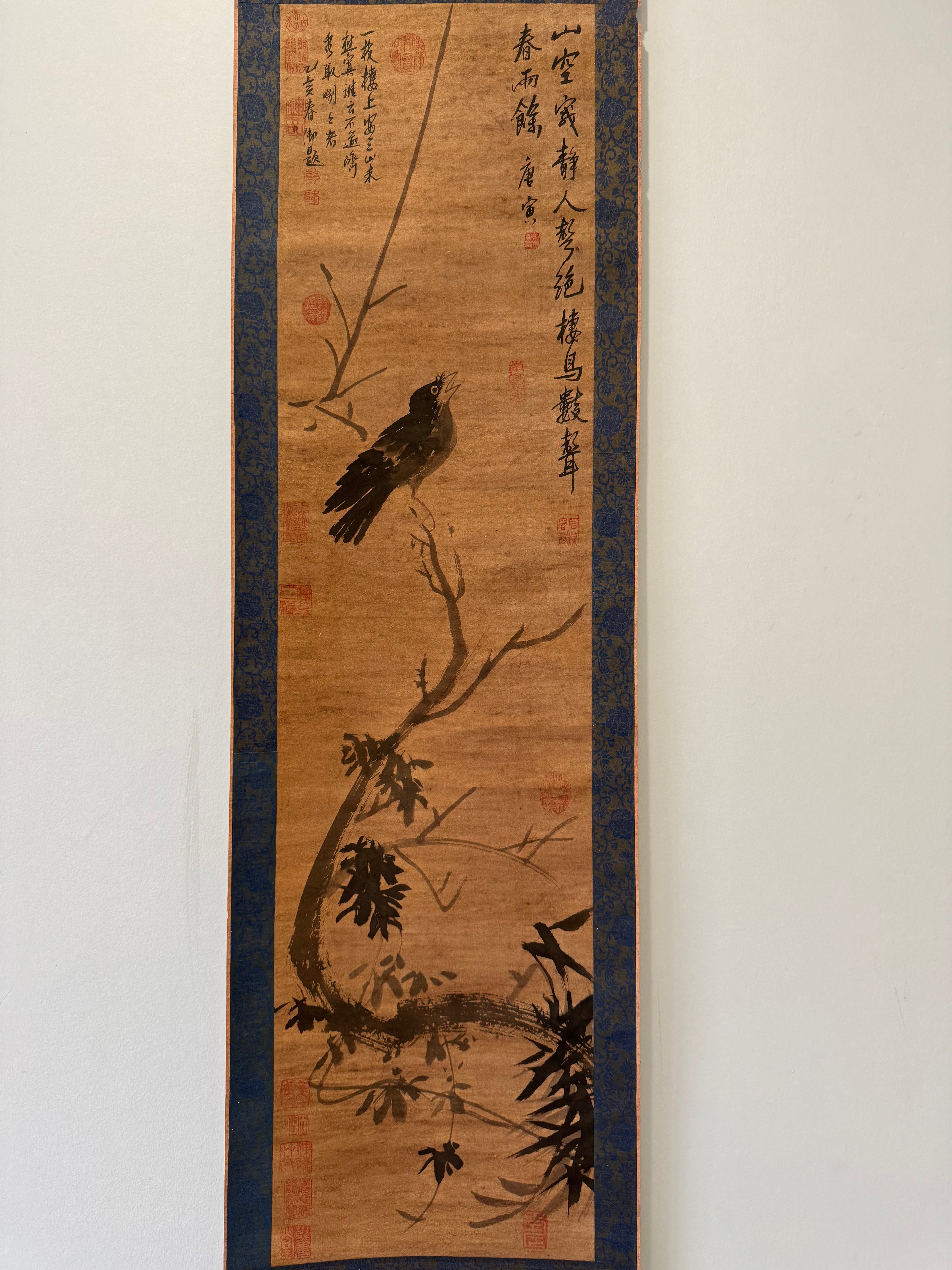 Vintage Japanese Hanging Scroll – Ink Bird on Bamboo Branch with Calligraphy