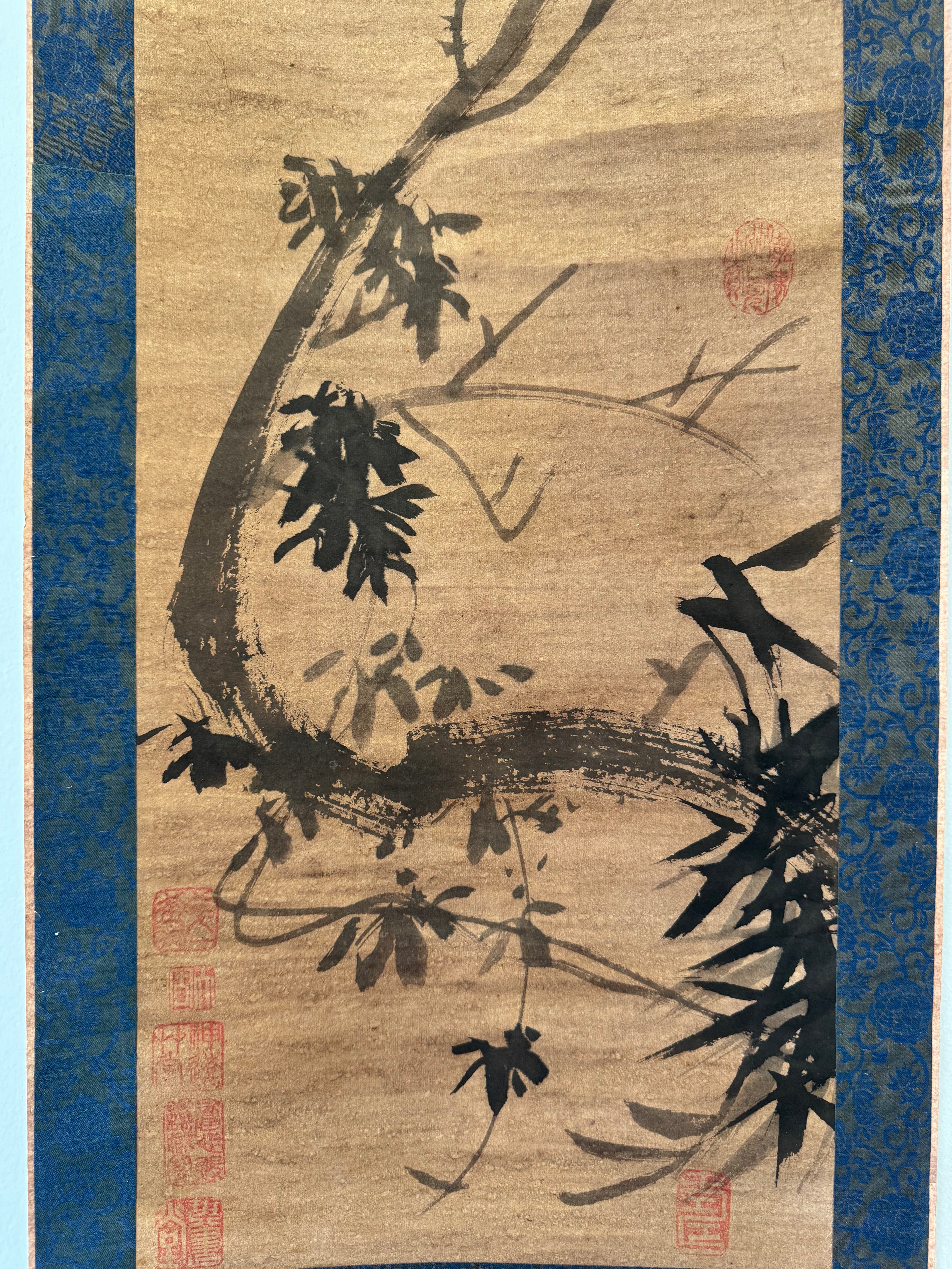 Vintage Japanese Hanging Scroll – Ink Bird on Bamboo Branch with Calligraphy