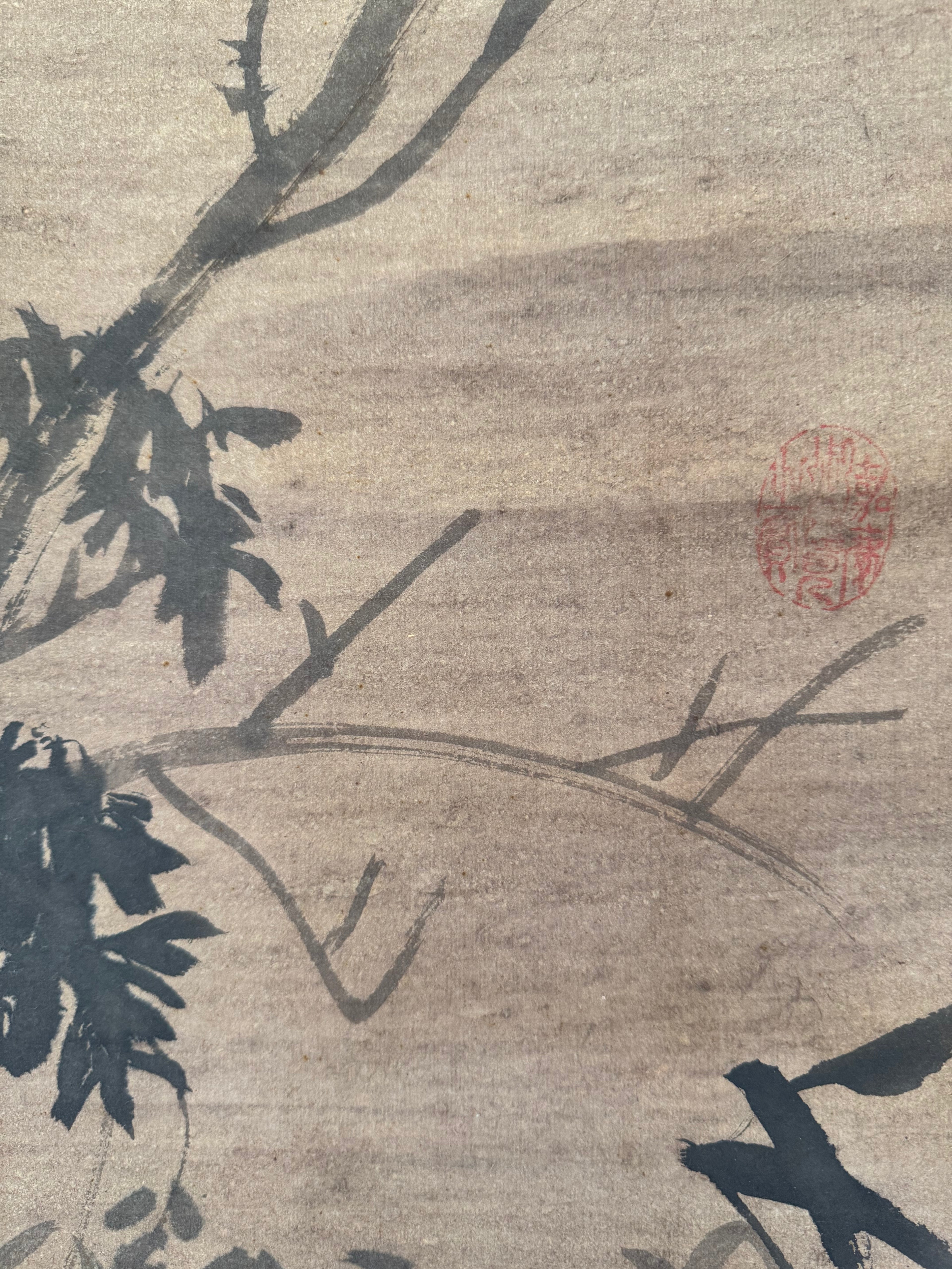 Vintage Japanese Hanging Scroll – Ink Bird on Bamboo Branch with Calligraphy