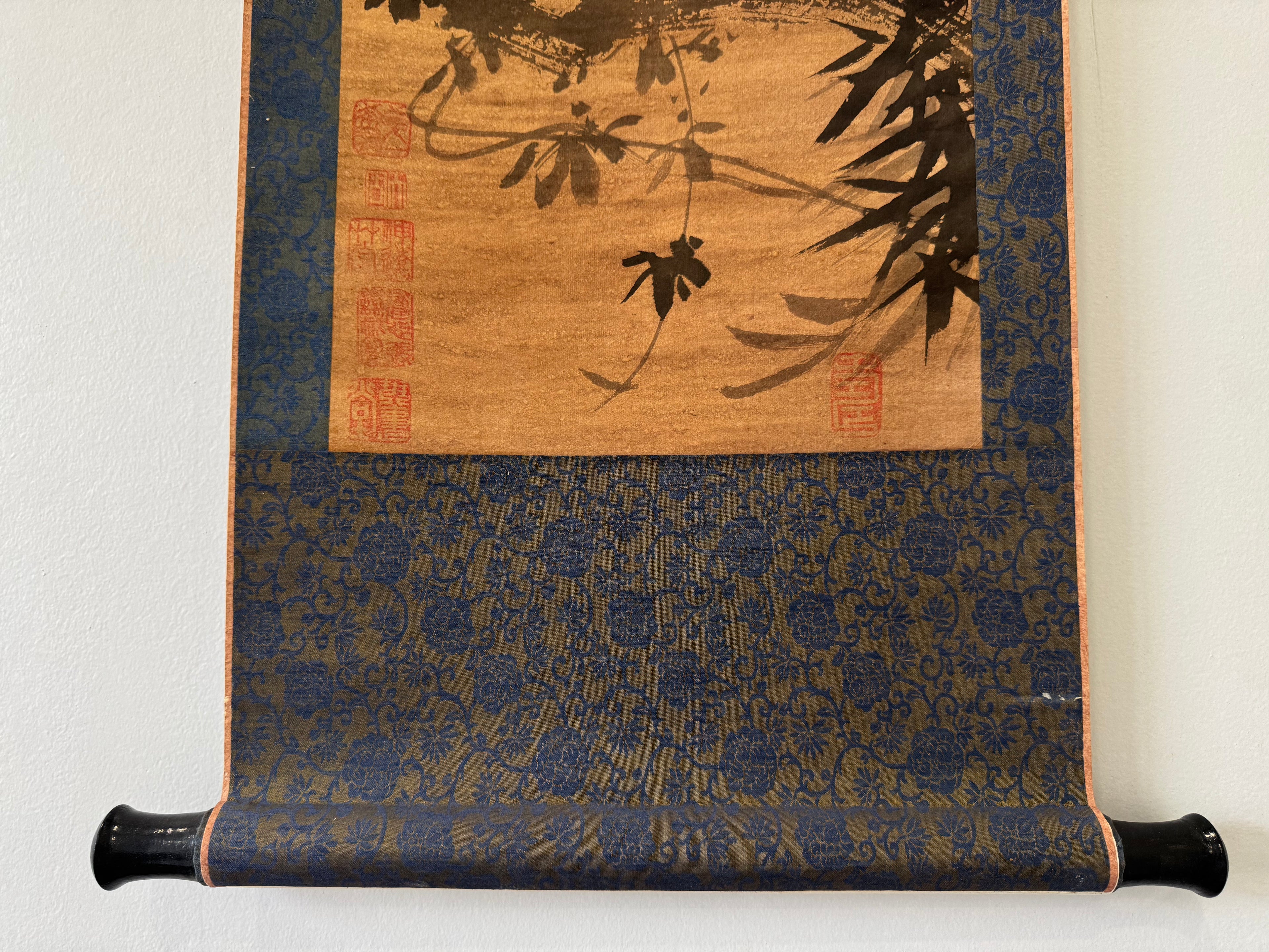 Vintage Japanese Hanging Scroll – Ink Bird on Bamboo Branch with Calligraphy