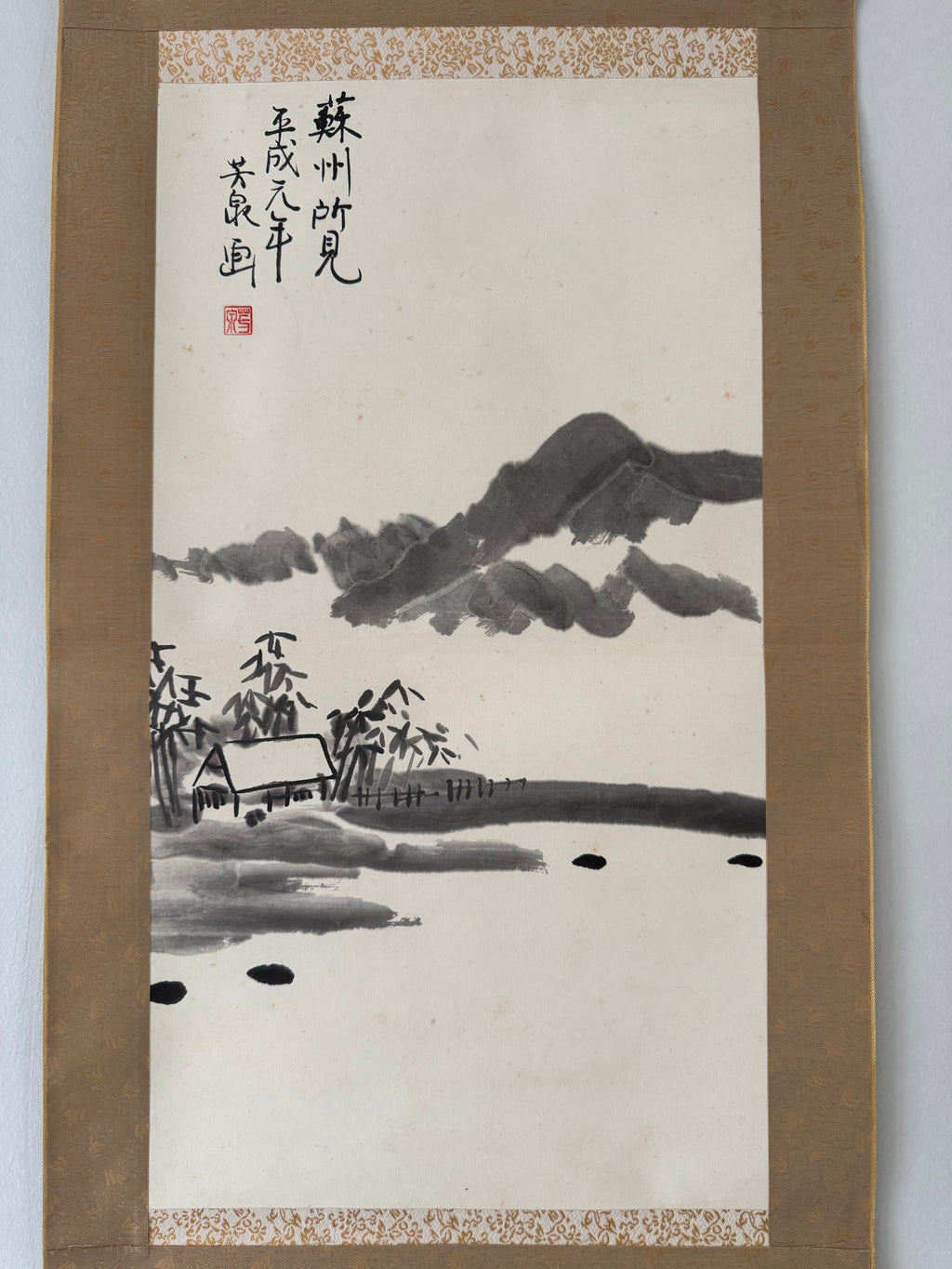 Vintage Japanese Landscape Scroll – Ink Painting of Riverside House and Mountains