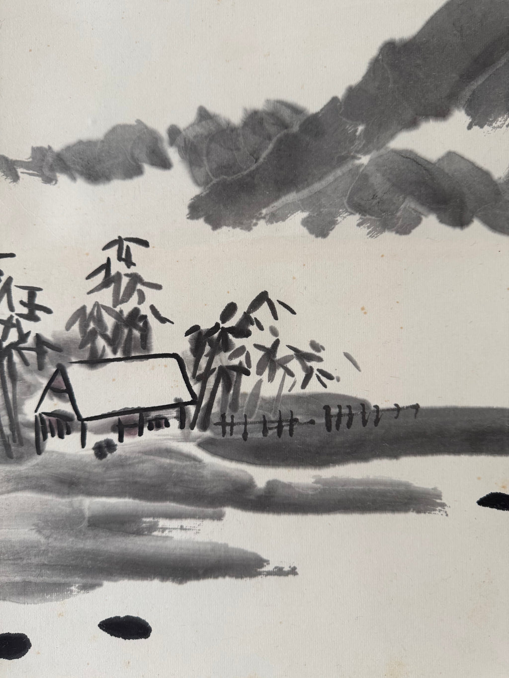 Vintage Japanese Landscape Scroll – Ink Painting of Riverside House and Mountains