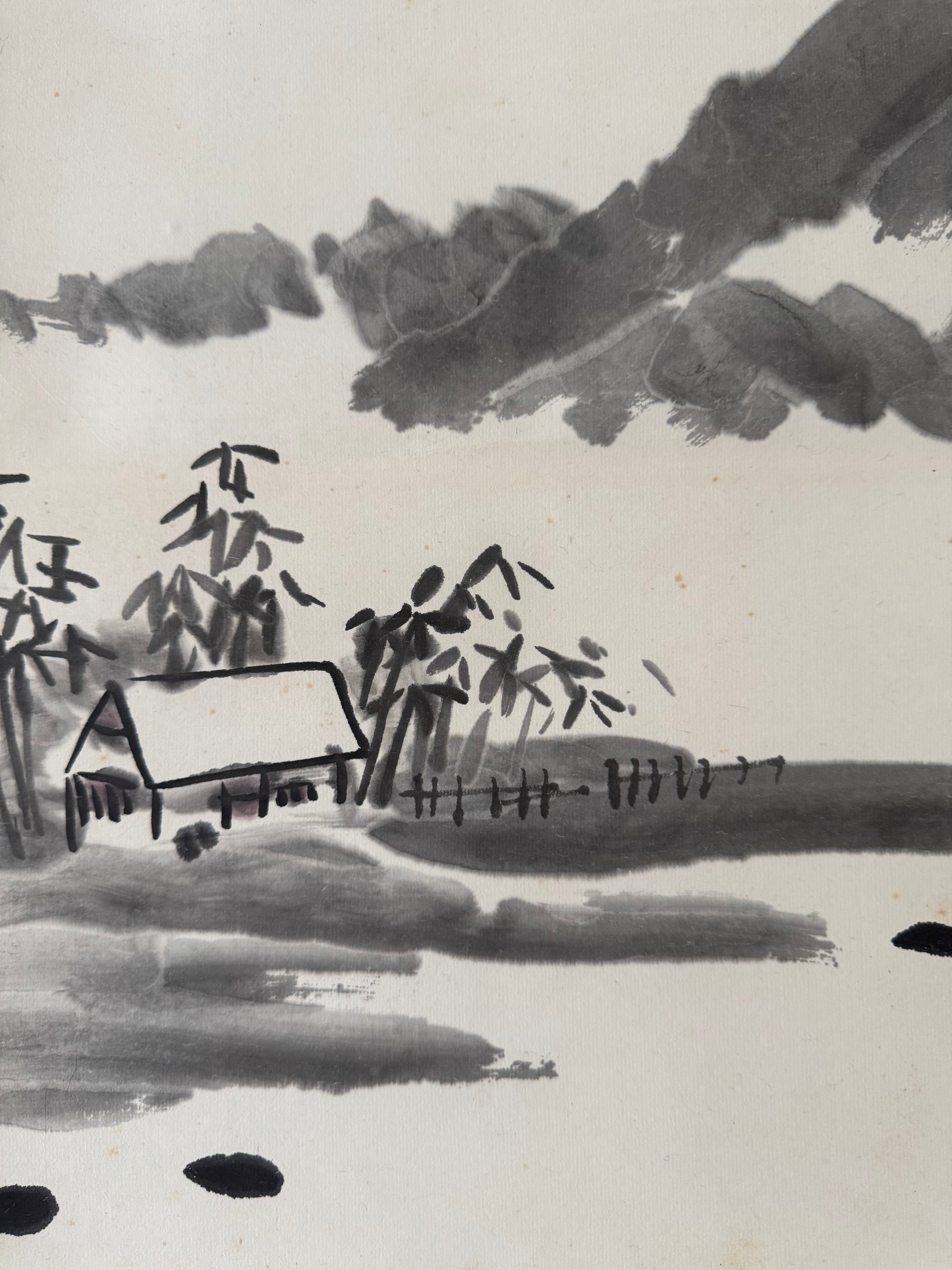 Vintage Japanese Landscape Scroll – Ink Painting of Riverside House and Mountains