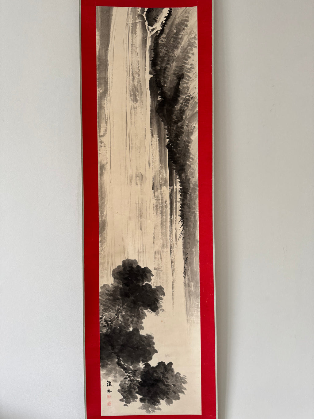 Vintage Japanese Landscape Scroll – Vertical Cliff Ink Painting on Washi Paper
