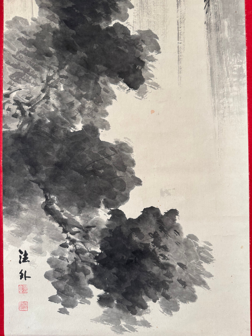 Vintage Japanese Landscape Scroll – Vertical Cliff Ink Painting on Washi Paper
