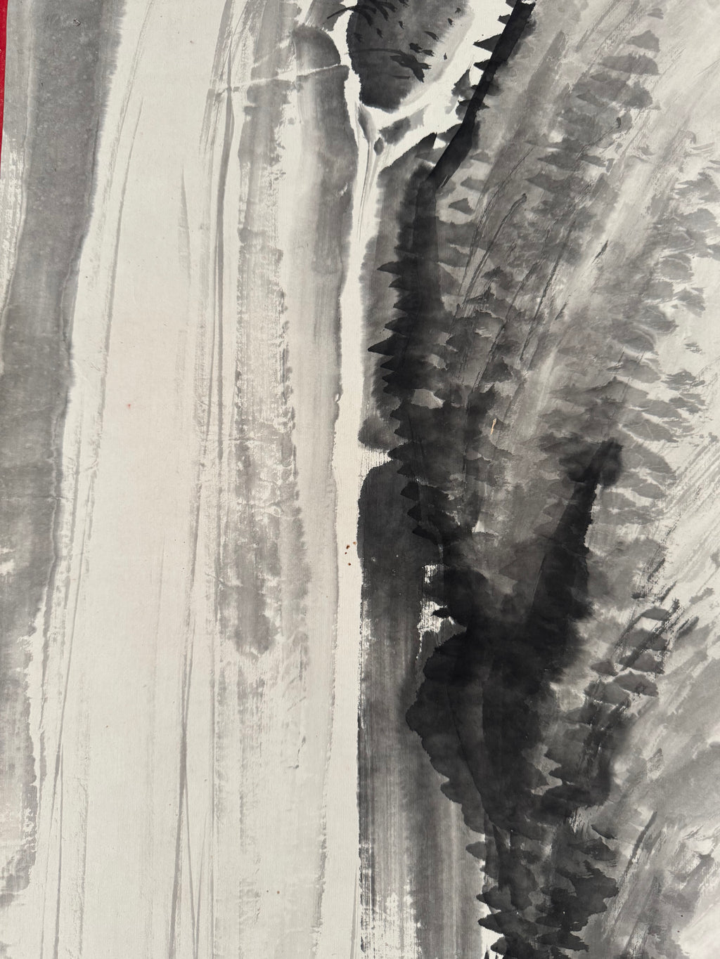 Vintage Japanese Landscape Scroll – Vertical Cliff Ink Painting on Washi Paper