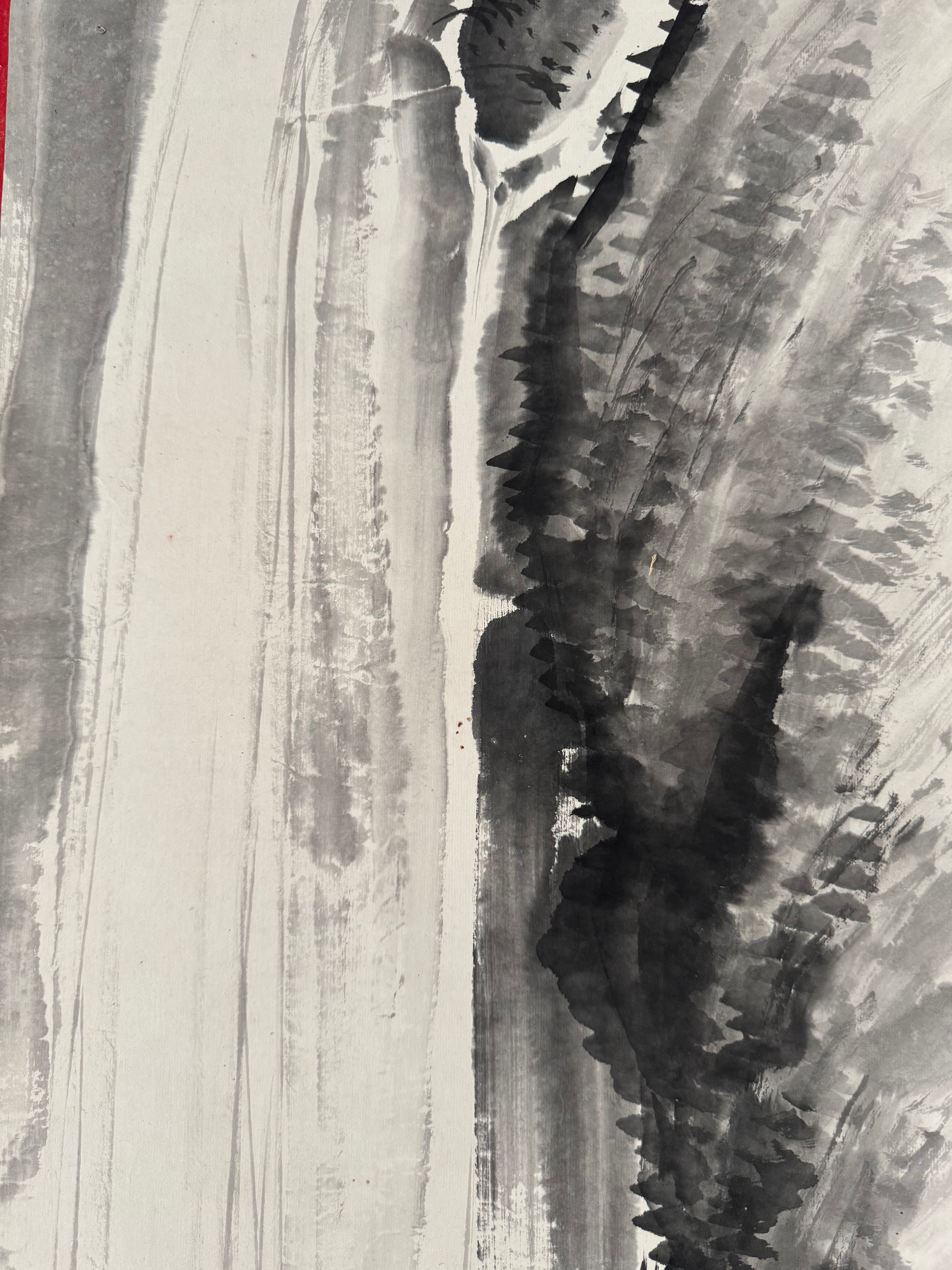 Vintage Japanese Landscape Scroll – Vertical Cliff Ink Painting on Washi Paper