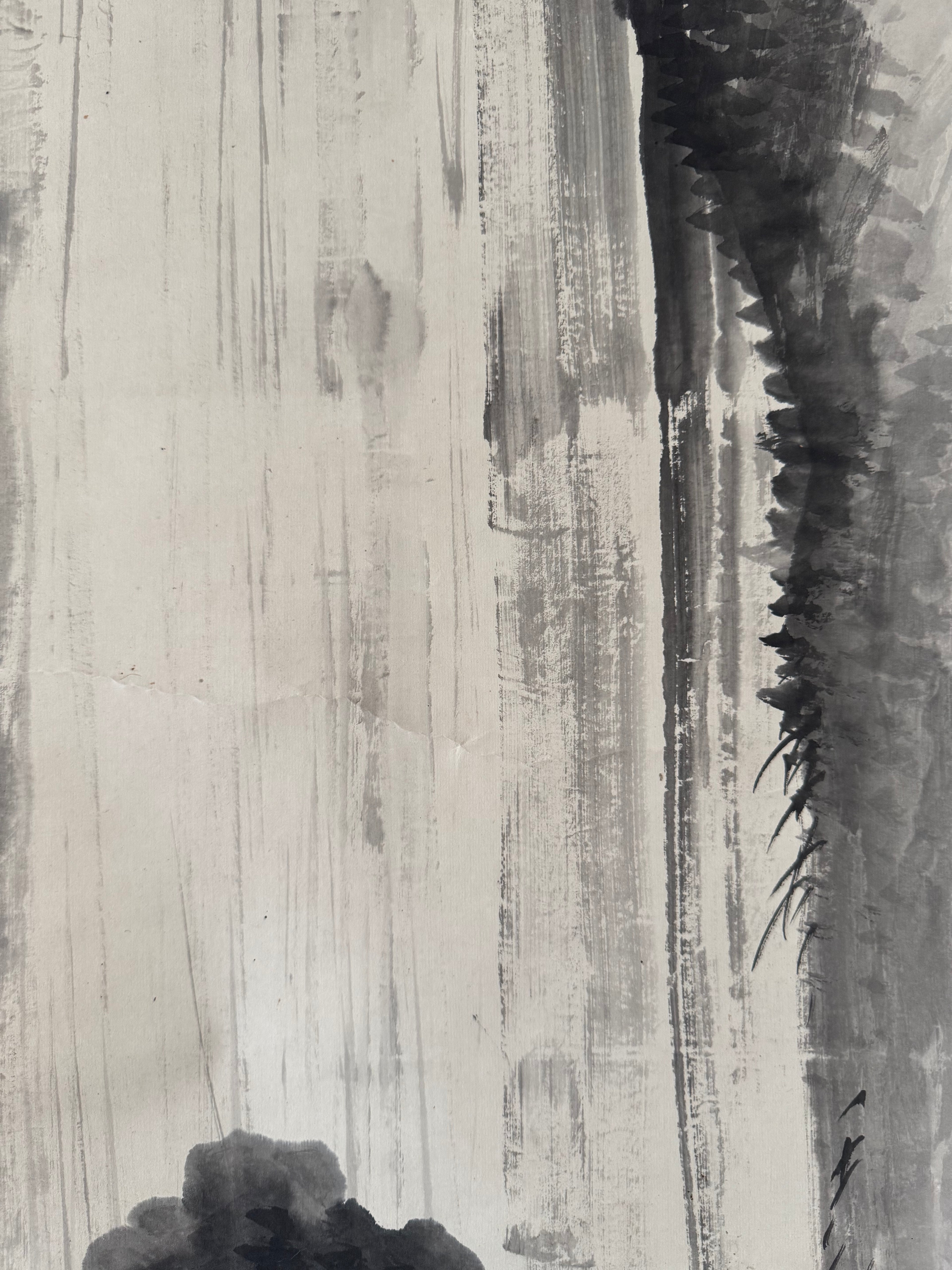 Vintage Japanese Landscape Scroll – Vertical Cliff Ink Painting on Washi Paper