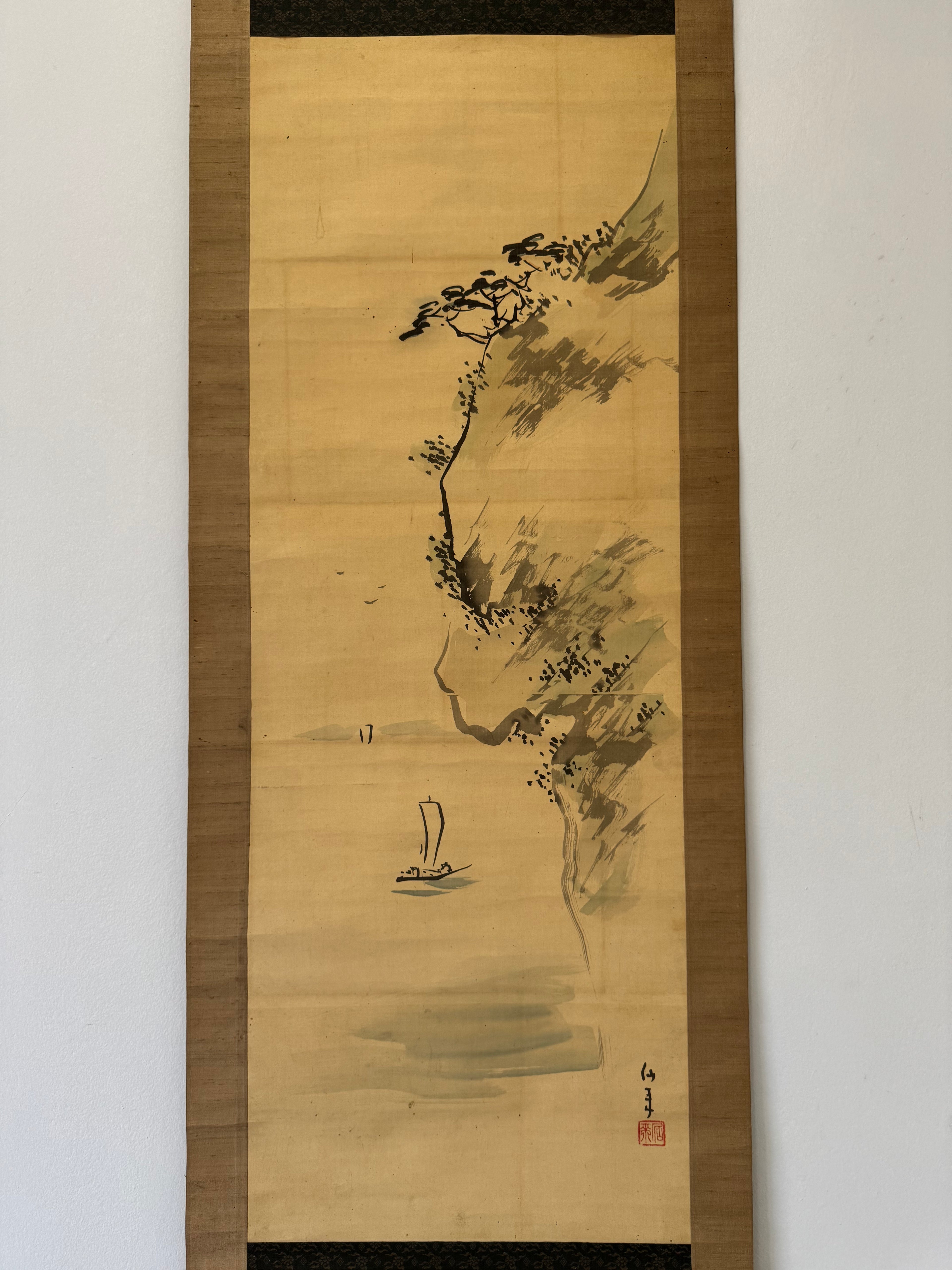Vintage Japanese Landscape Scroll – Cliff and Boat Scene in Ink and Light Color