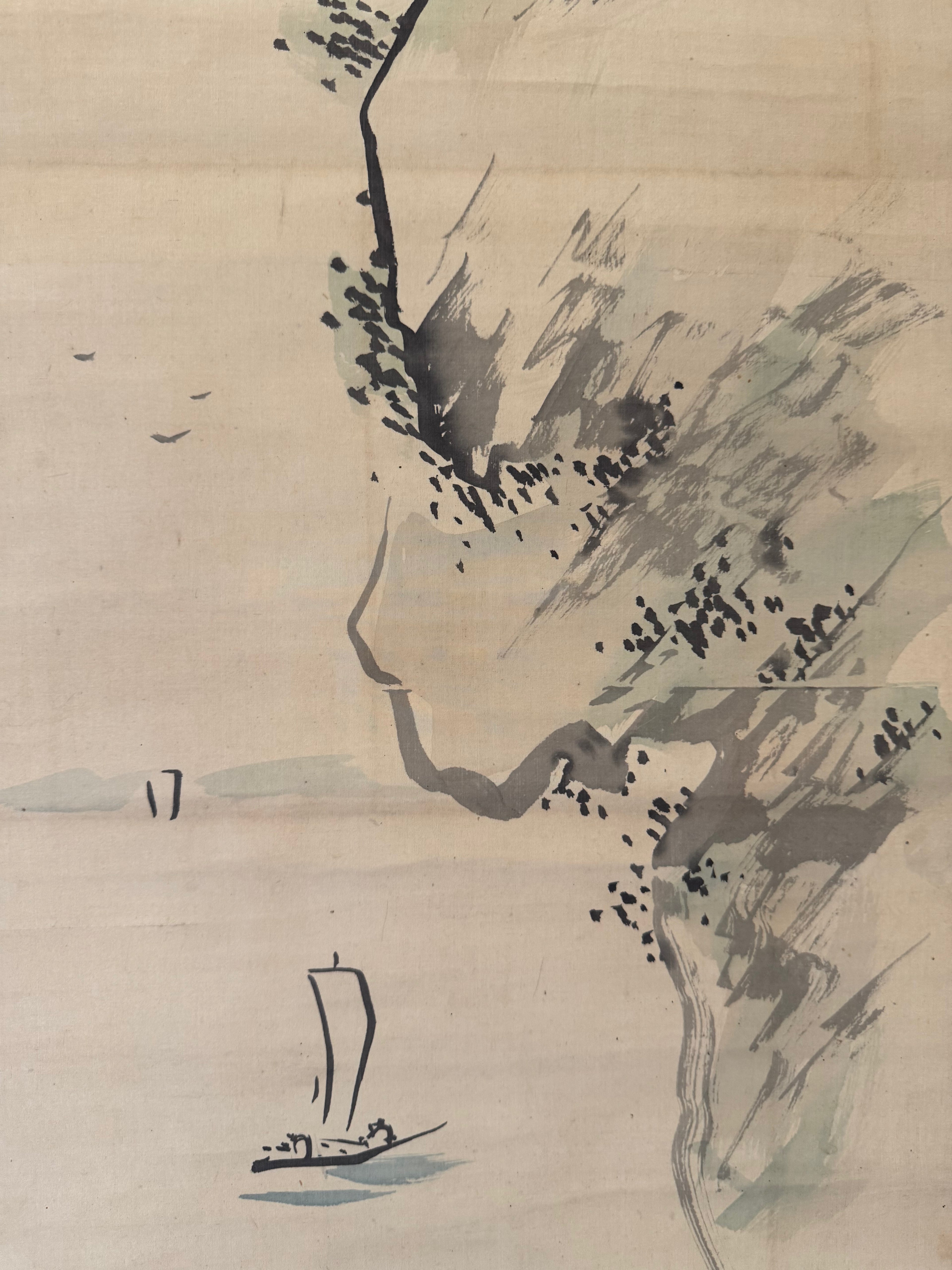 Vintage Japanese Landscape Scroll – Cliff and Boat Scene in Ink and Light Color