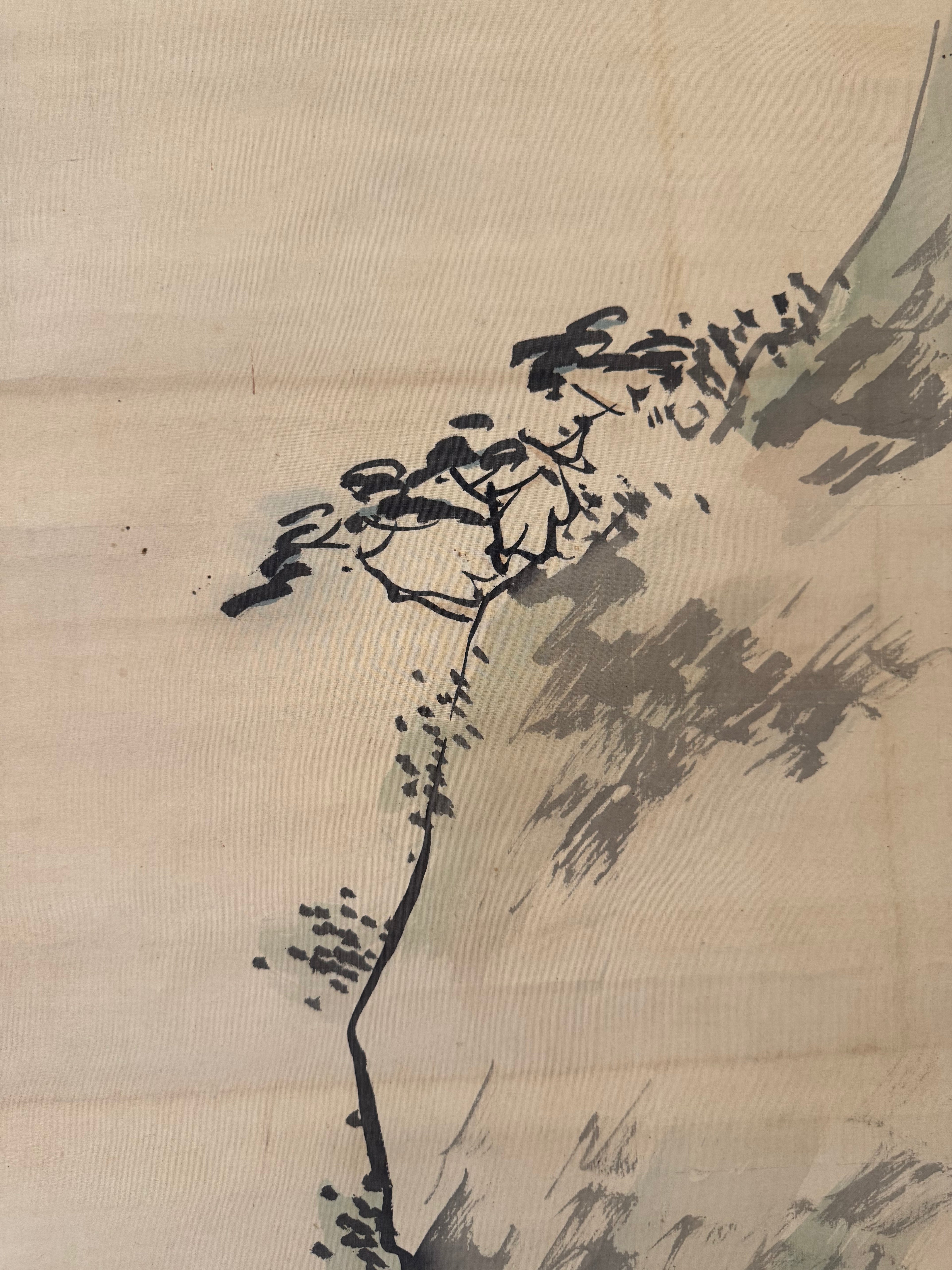 Vintage Japanese Landscape Scroll – Cliff and Boat Scene in Ink and Light Color