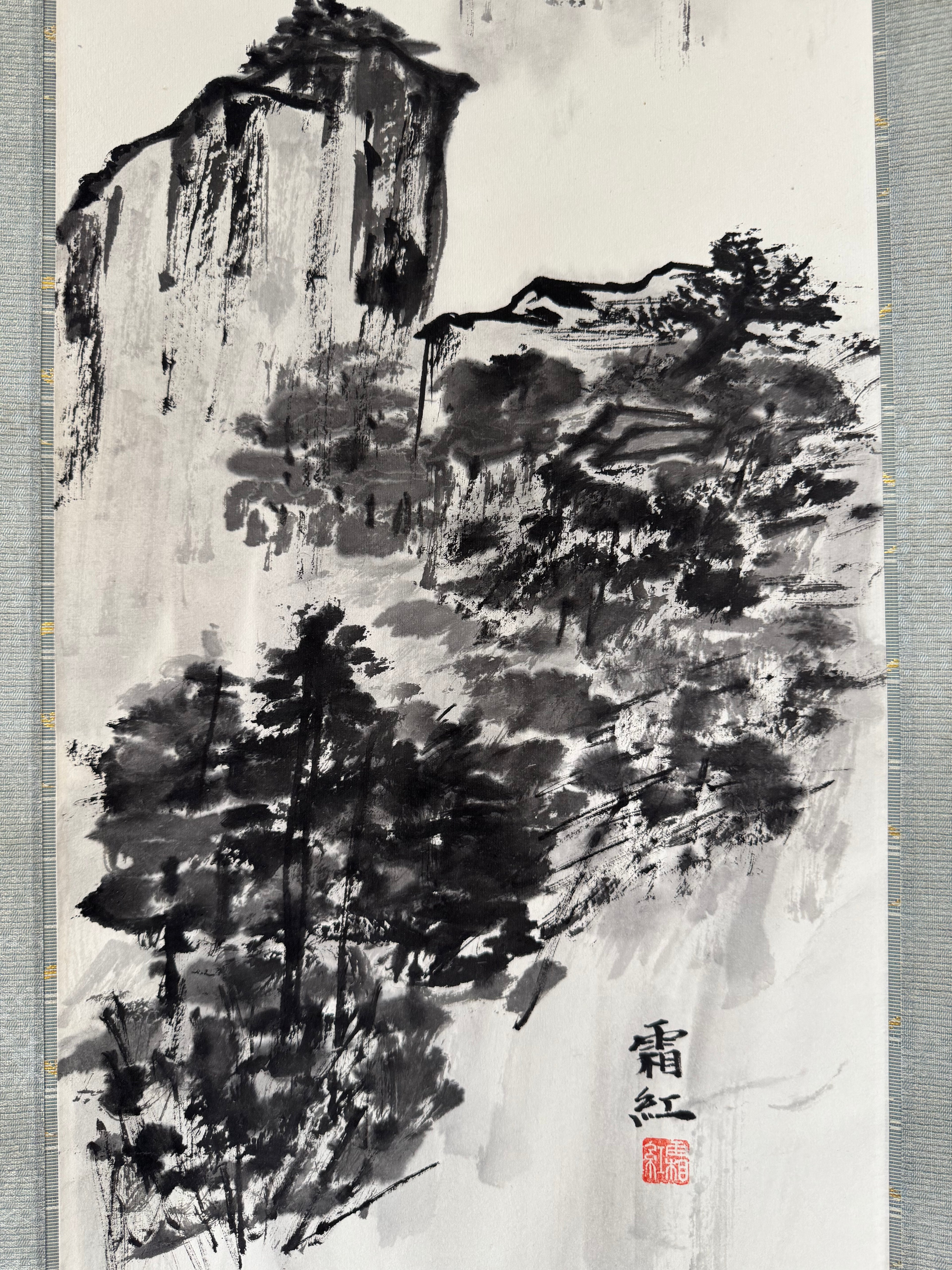 Vintage Japanese Landscape Scroll – Minimal Mountain Ink Painting on Washi Paper