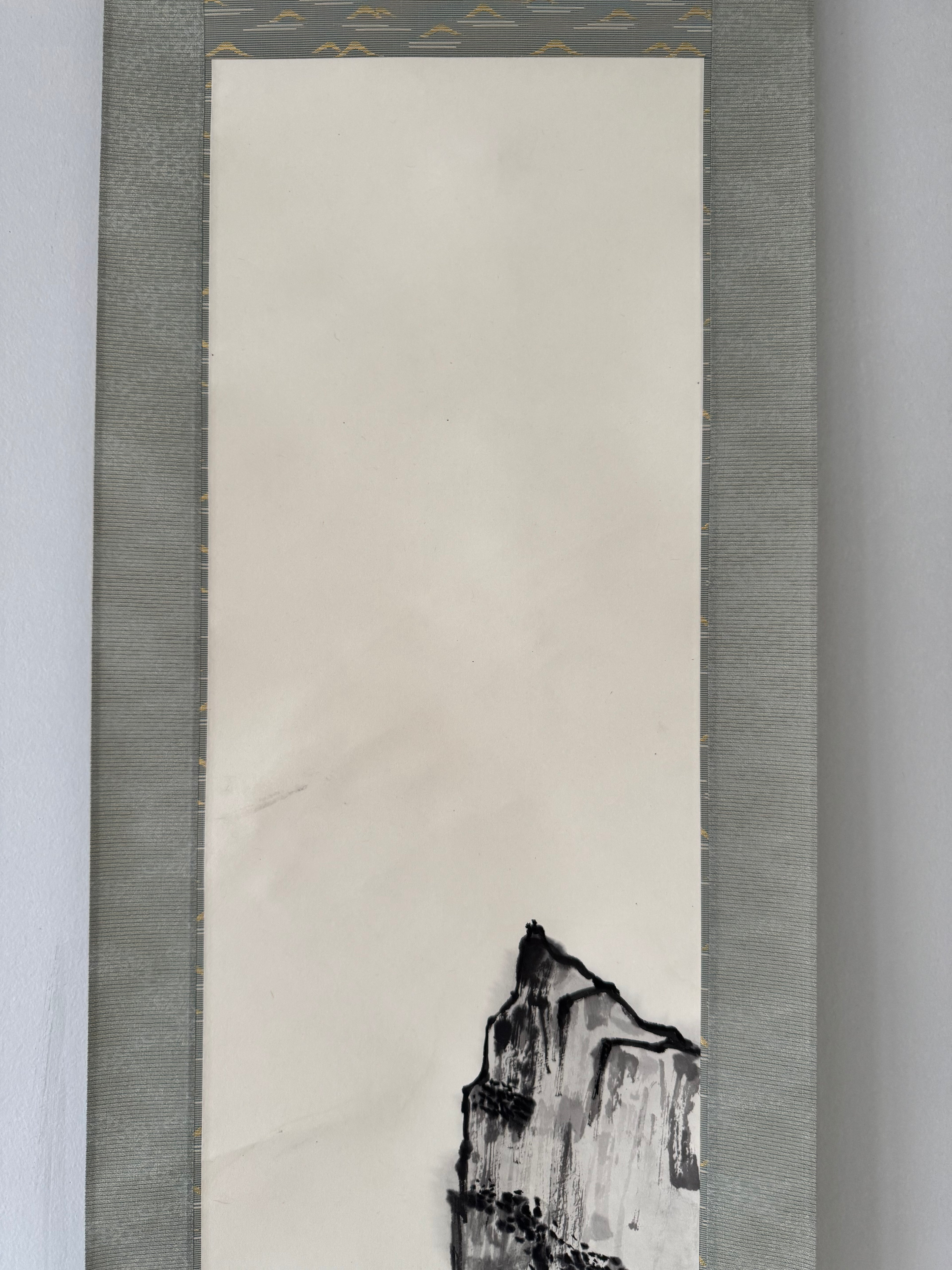 Vintage Japanese Landscape Scroll – Minimal Mountain Ink Painting on Washi Paper