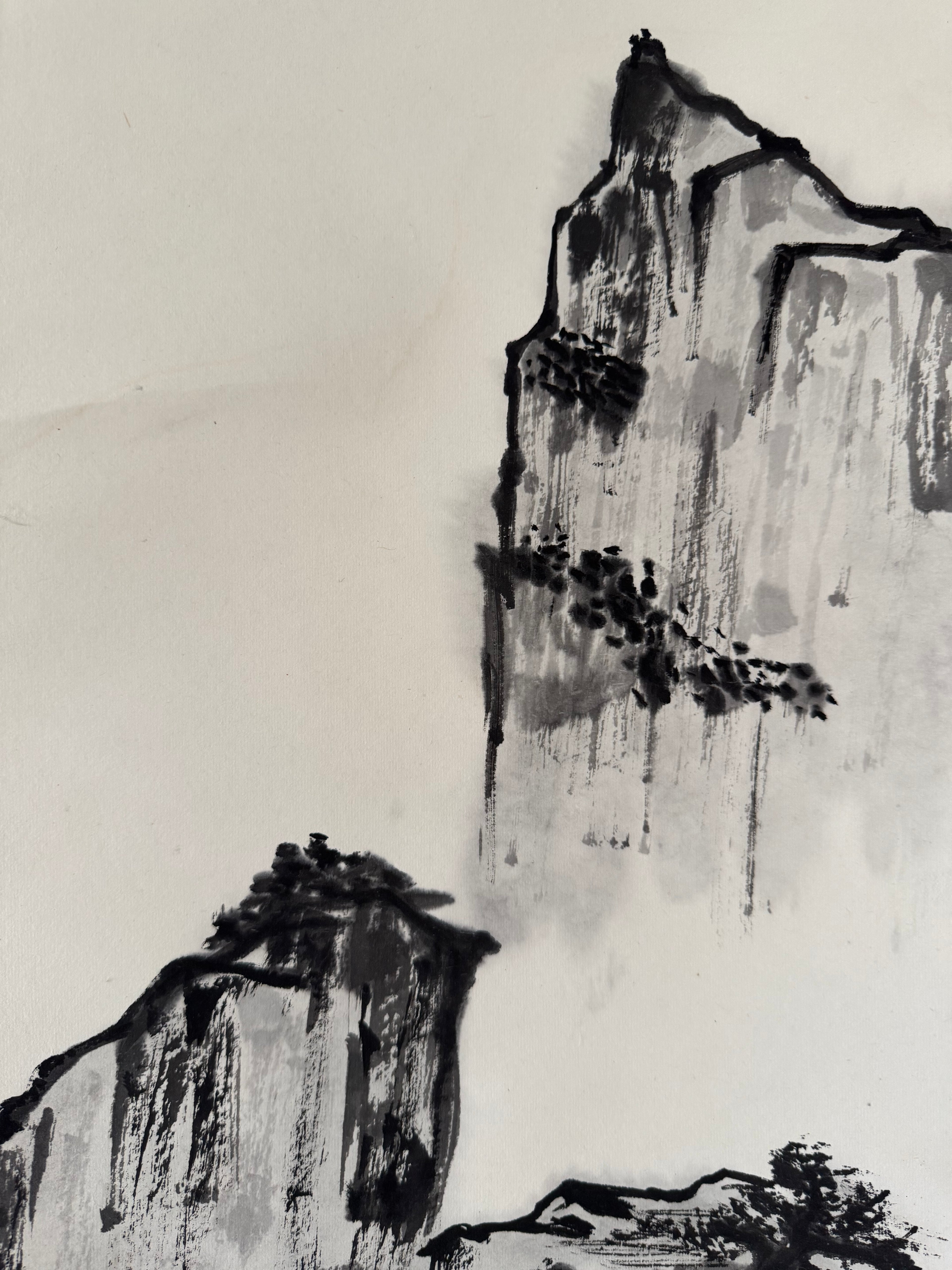 Vintage Japanese Landscape Scroll – Minimal Mountain Ink Painting on Washi Paper