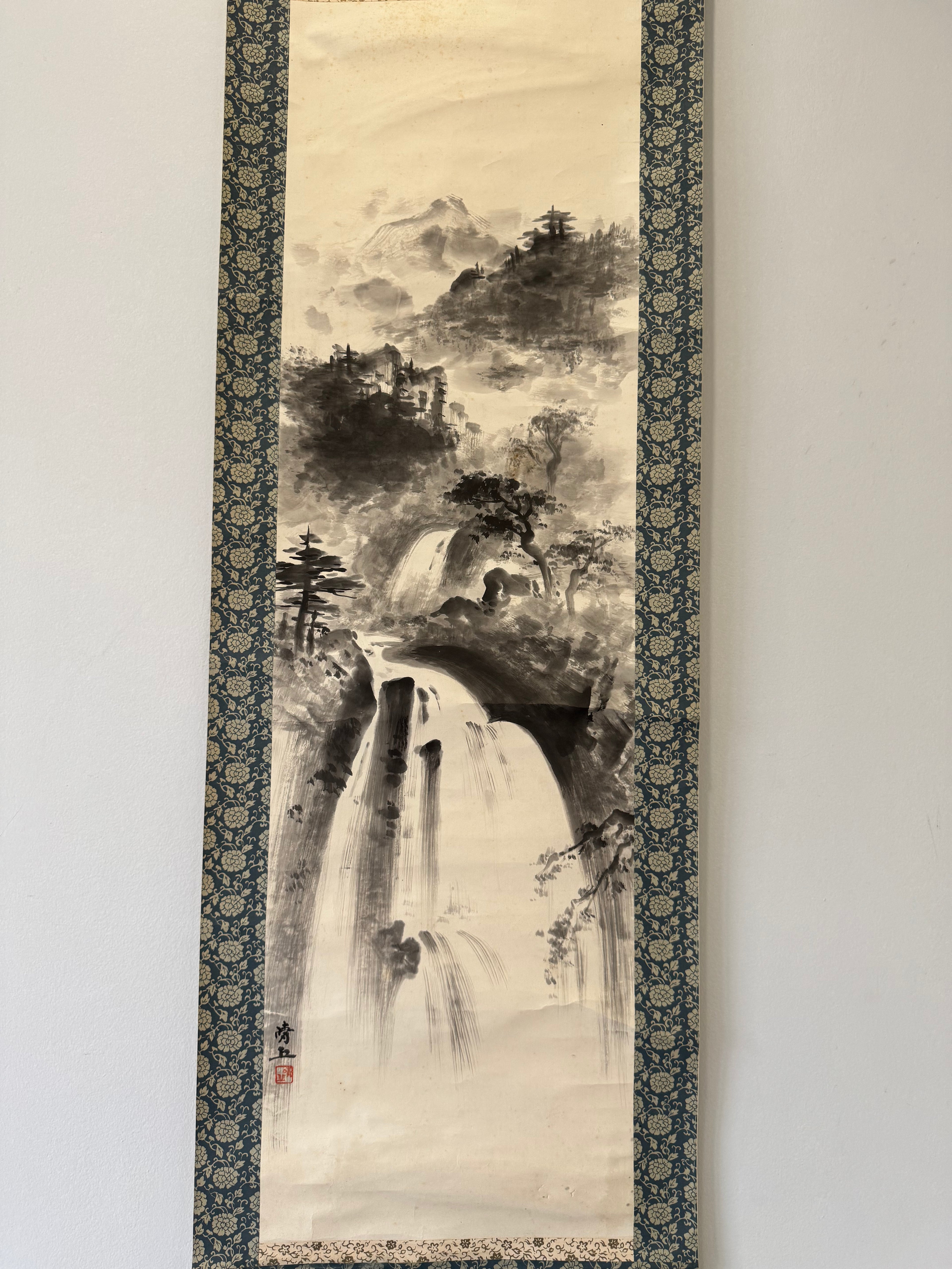 Vintage Japanese Waterfall Landscape Scroll – Ink Wash Painting on Washi Paper