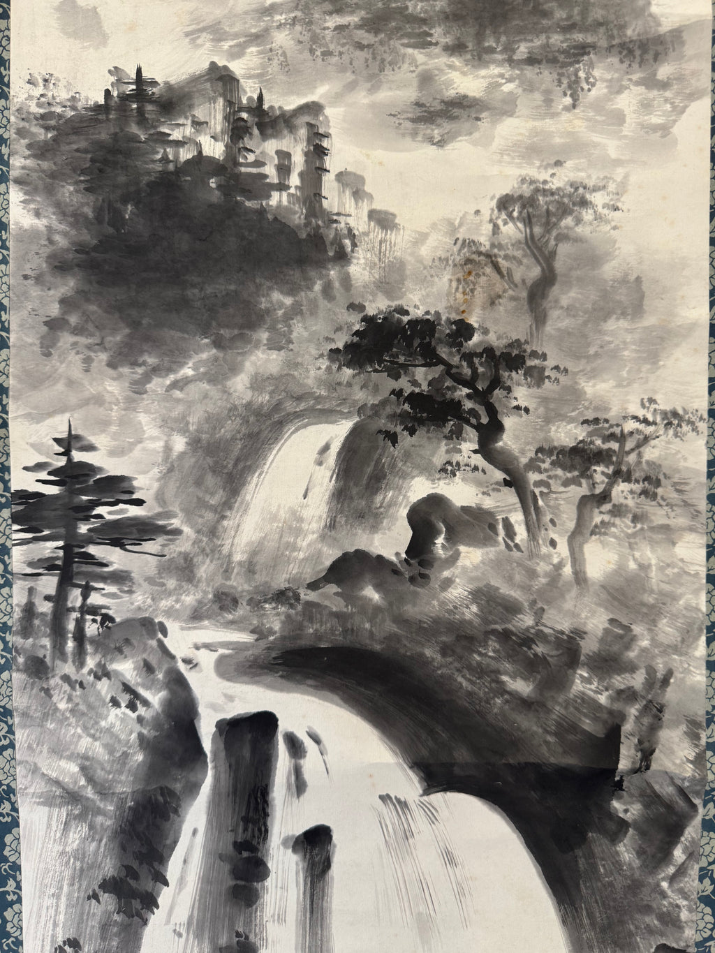 Vintage Japanese Waterfall Landscape Scroll – Ink Wash Painting on Washi Paper