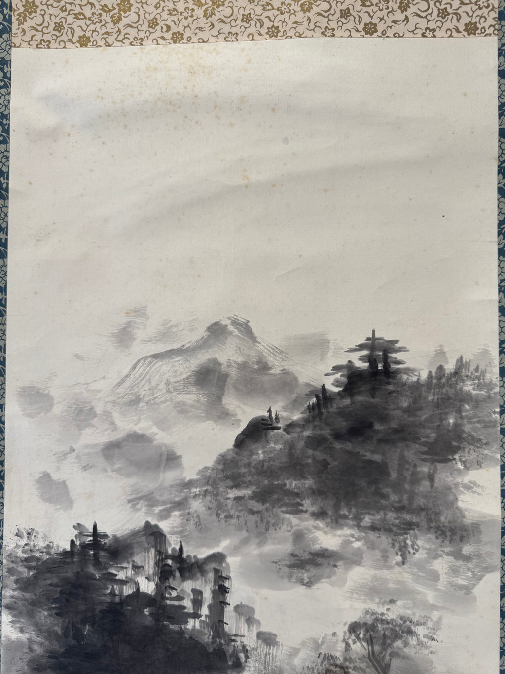 Vintage Japanese Waterfall Landscape Scroll – Ink Wash Painting on Washi Paper