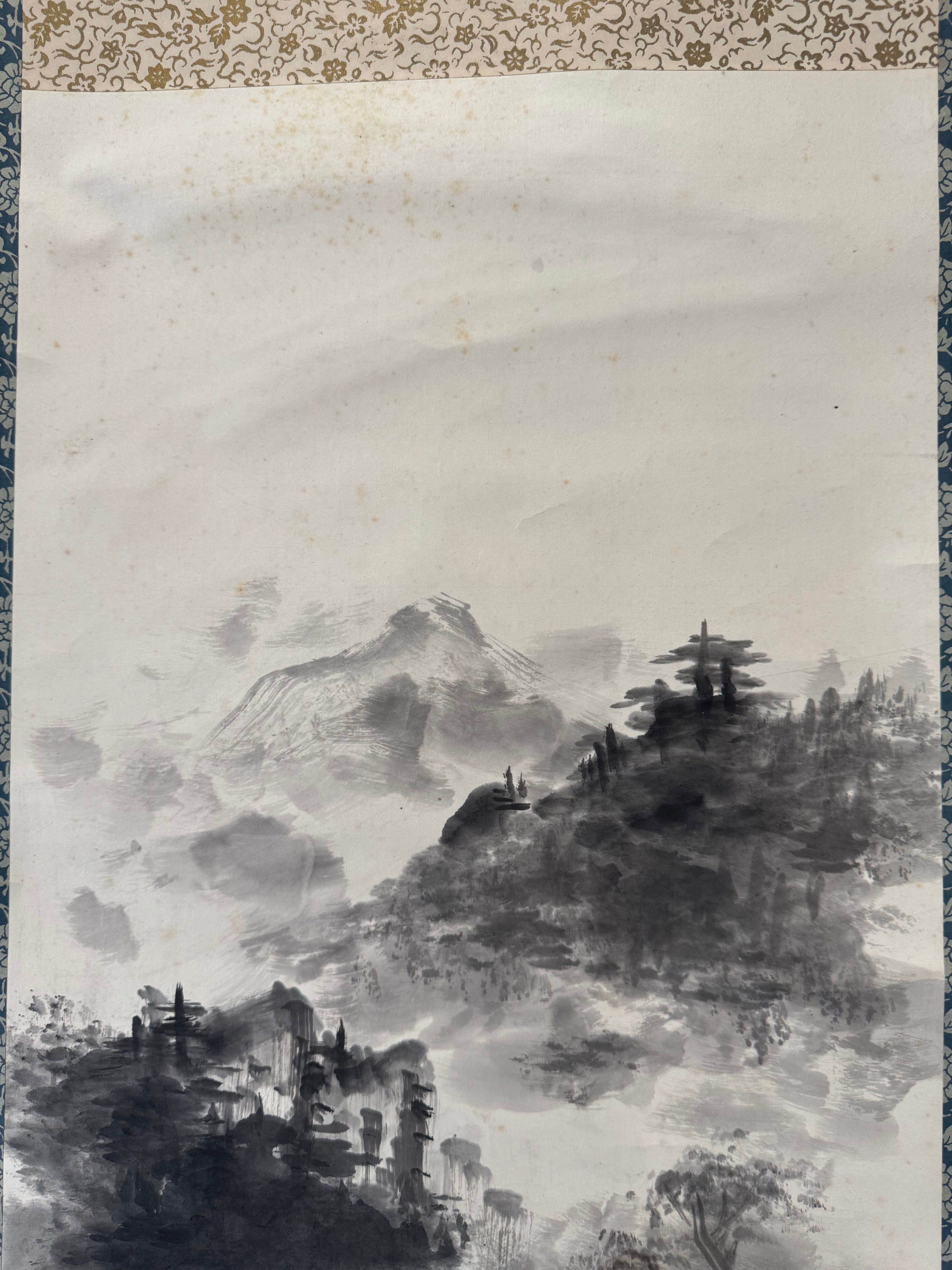 Vintage Japanese Waterfall Landscape Scroll – Ink Wash Painting on Washi Paper