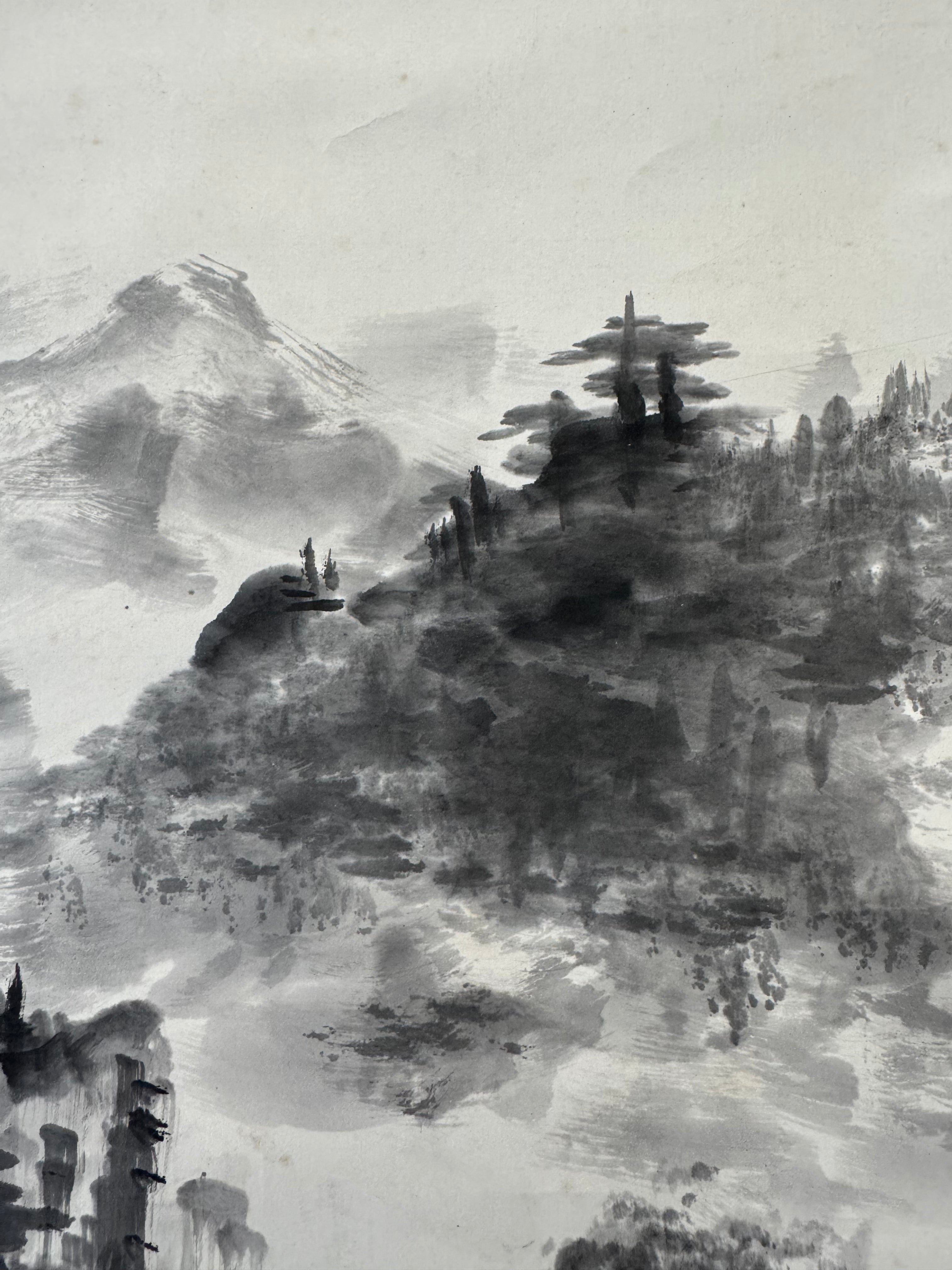 Vintage Japanese Waterfall Landscape Scroll – Ink Wash Painting on Washi Paper