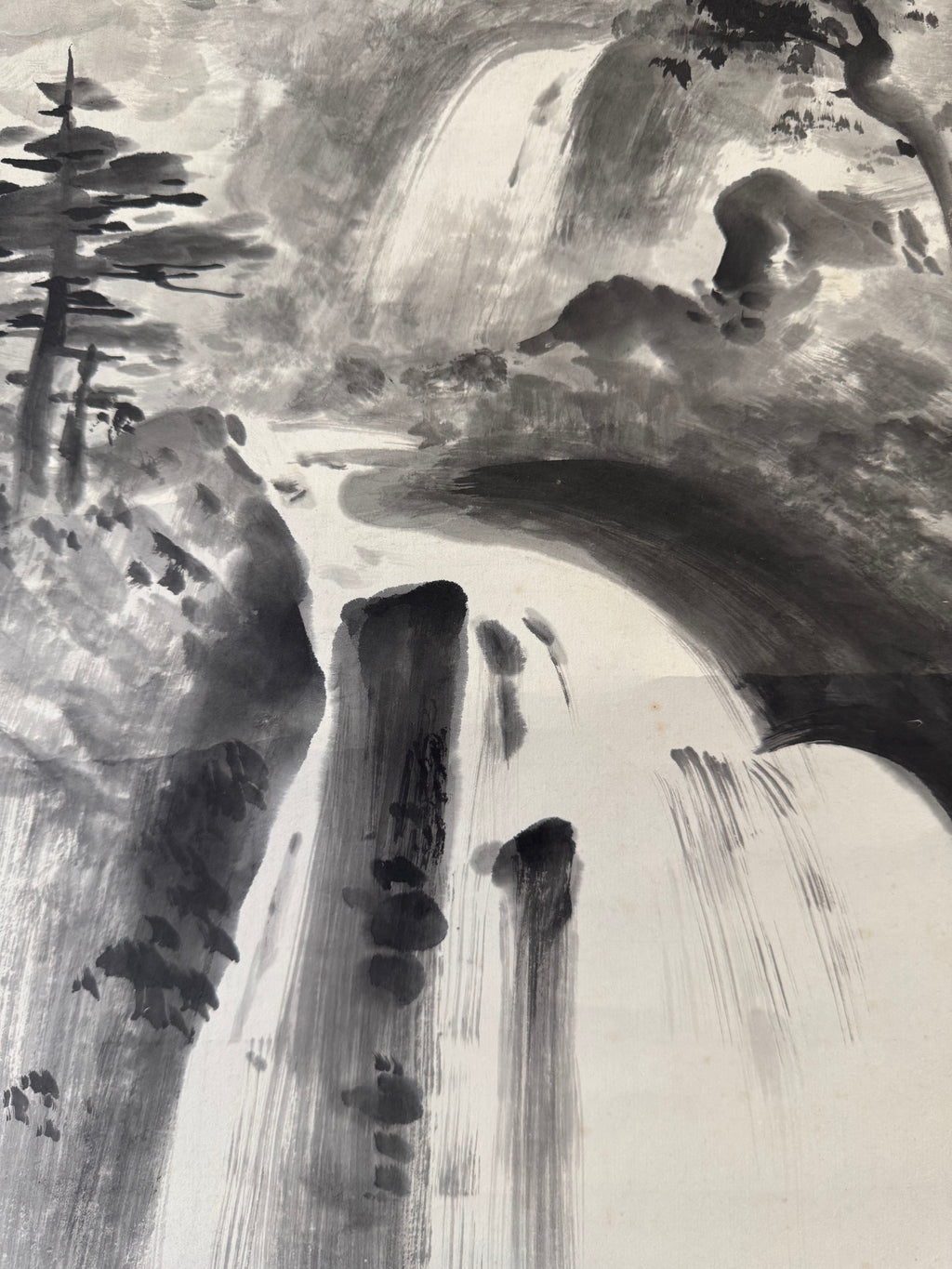 Vintage Japanese Waterfall Landscape Scroll – Ink Wash Painting on Washi Paper
