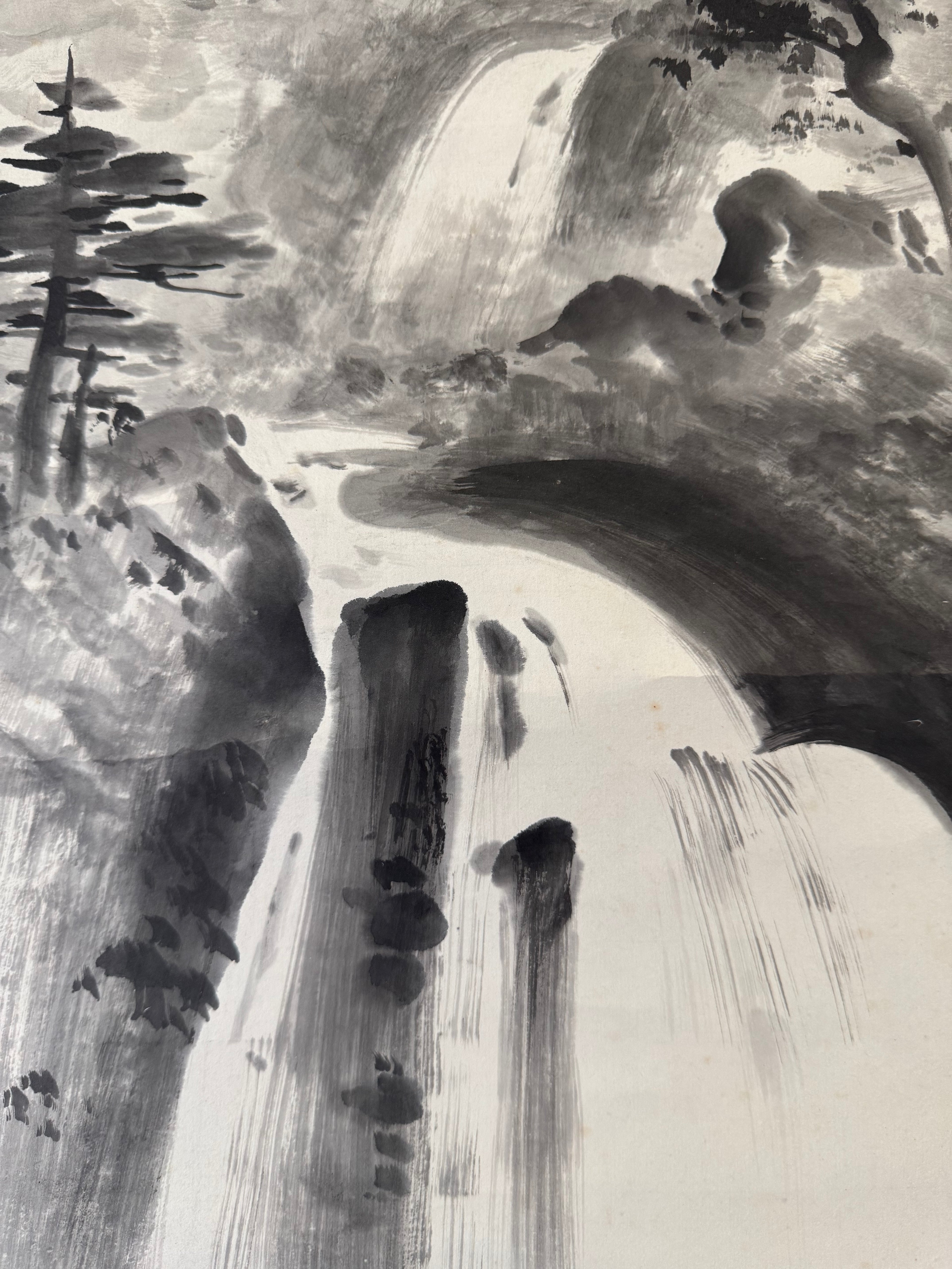 Vintage Japanese Waterfall Landscape Scroll – Ink Wash Painting on Washi Paper