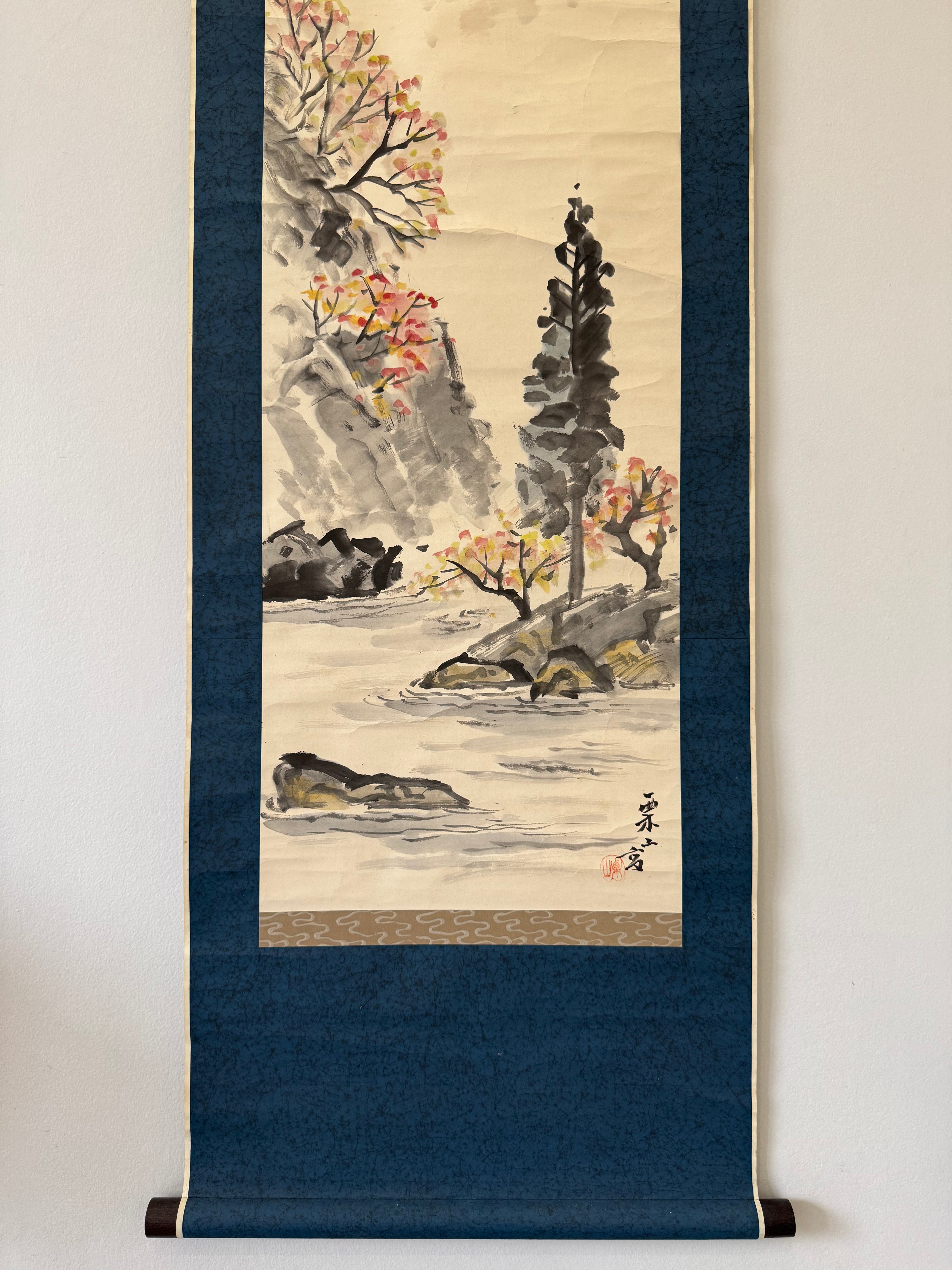 Vintage Japanese Landscape Scroll – Mountain River Scene in Ink and Light Color