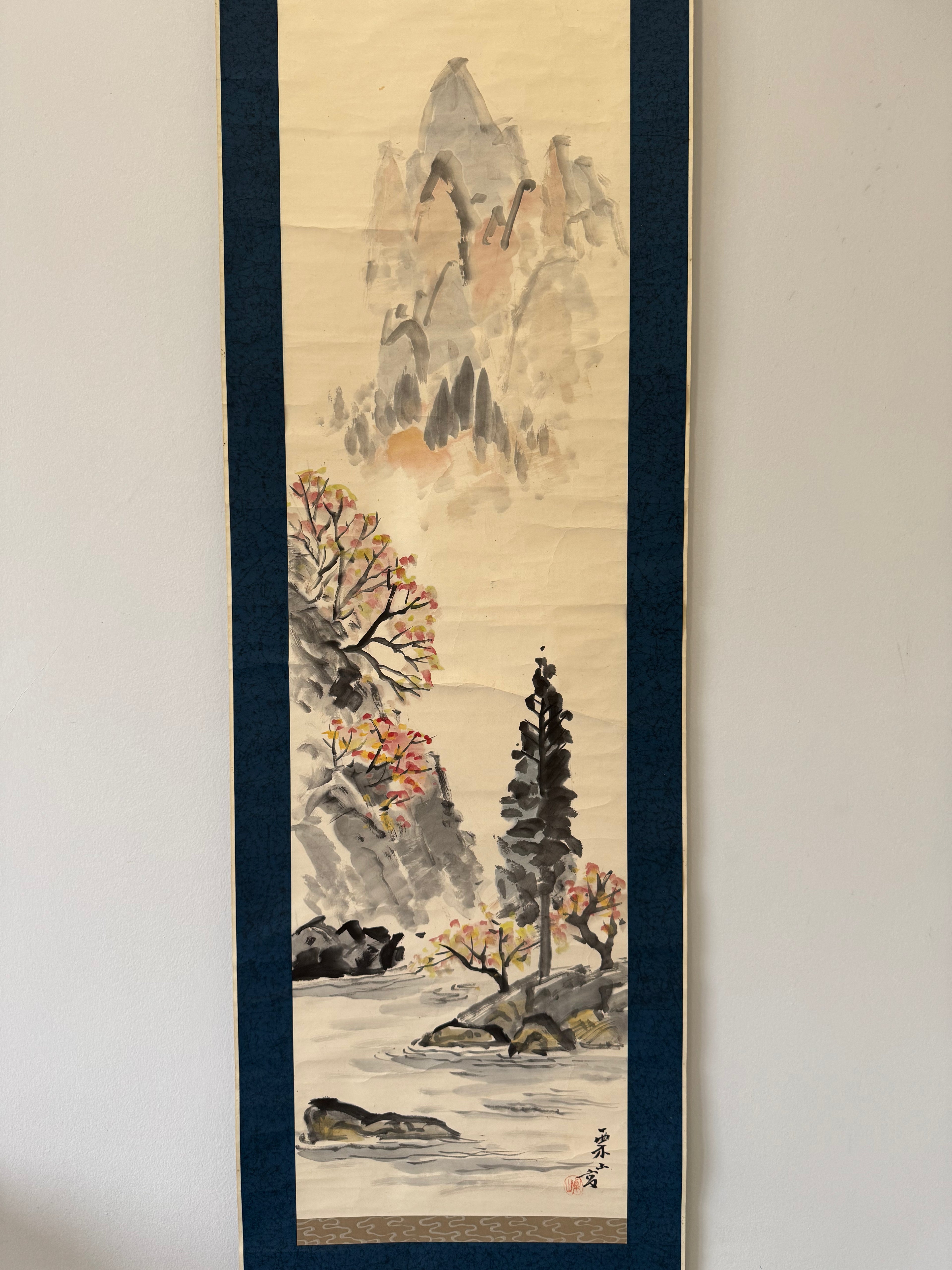 Vintage Japanese Landscape Scroll – Mountain River Scene in Ink and Light Color
