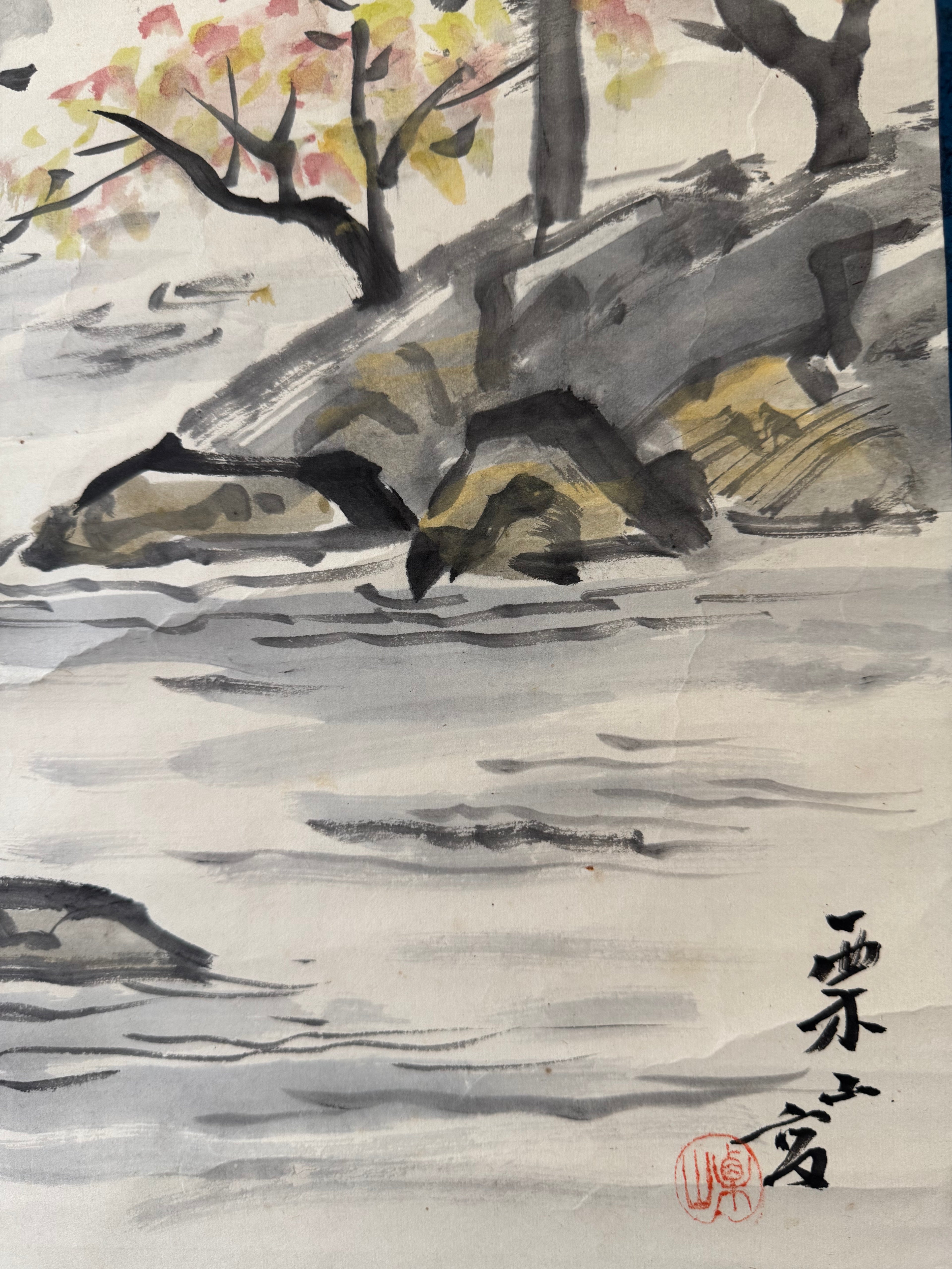 Vintage Japanese Landscape Scroll – Mountain River Scene in Ink and Light Color