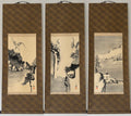 A three-panel traditional Chinese landscape wall scroll set, featuring ink wash paintings of a bird, a mountain scene, and a lakeside pavilion on beige backgrounds with brown patterned borders.