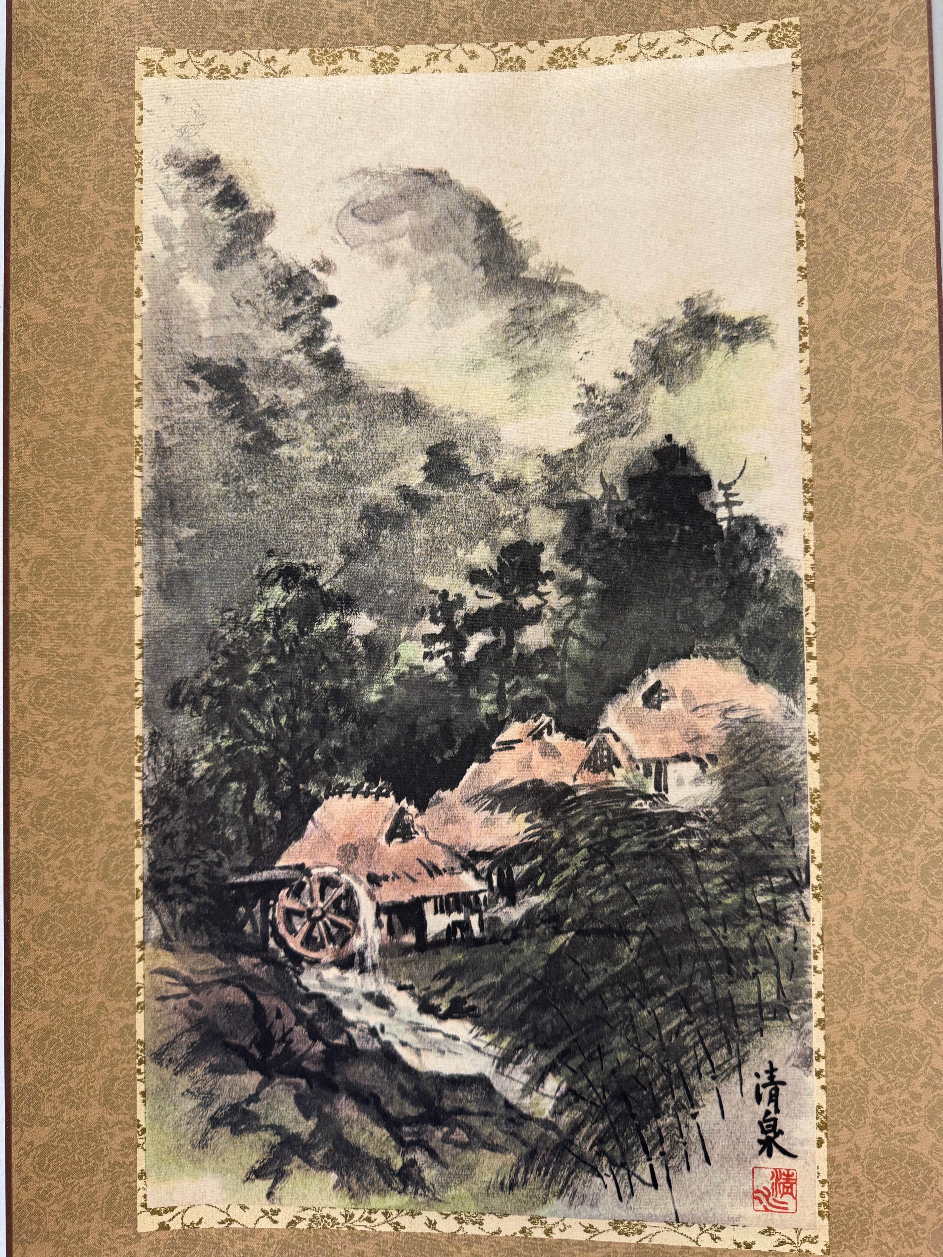 Vintage Japanese Landscape Painting with Watermill – Ink and Color on Washi Scroll