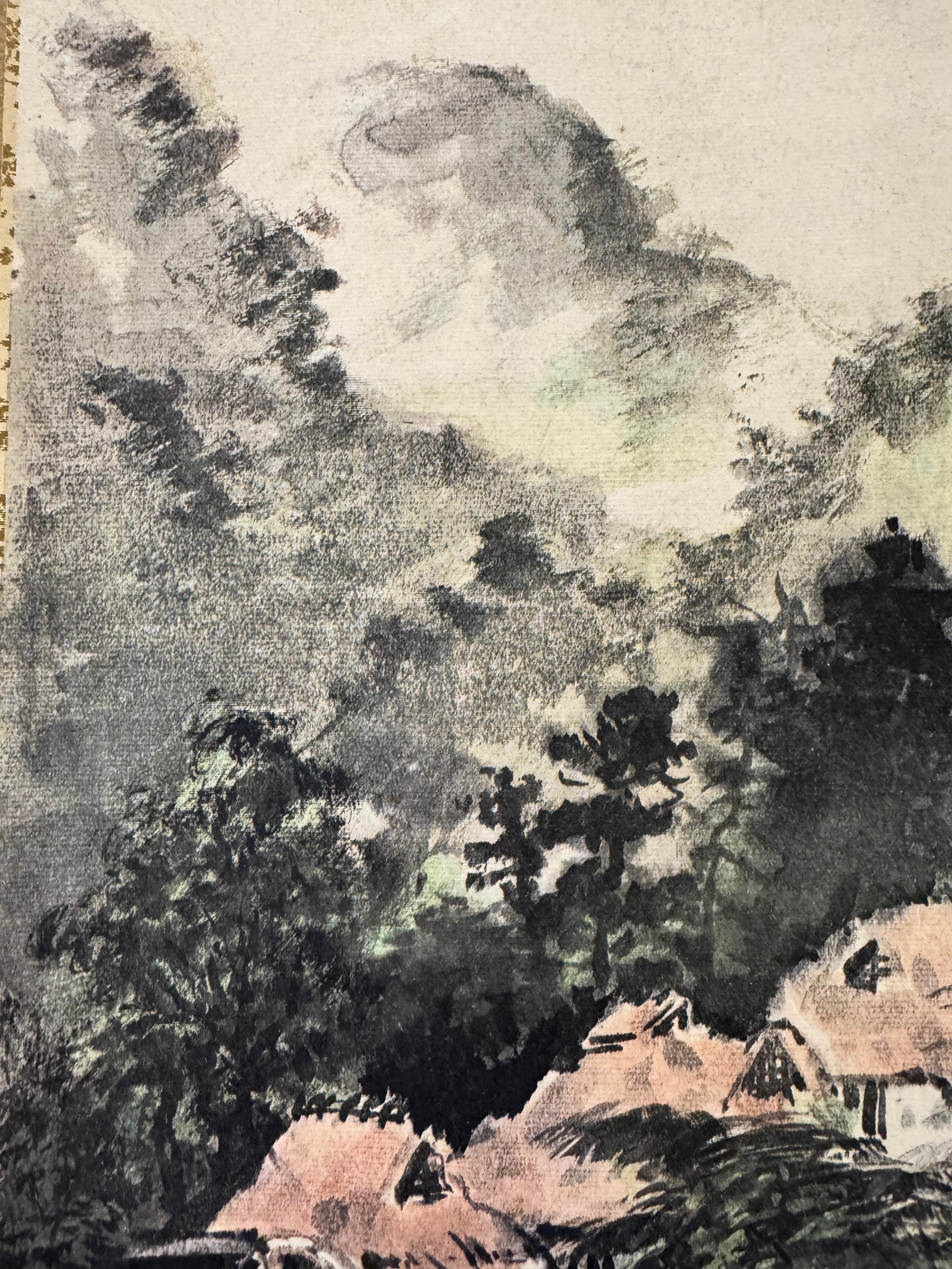Vintage Japanese Landscape Painting with Watermill – Ink and Color on Washi Scroll