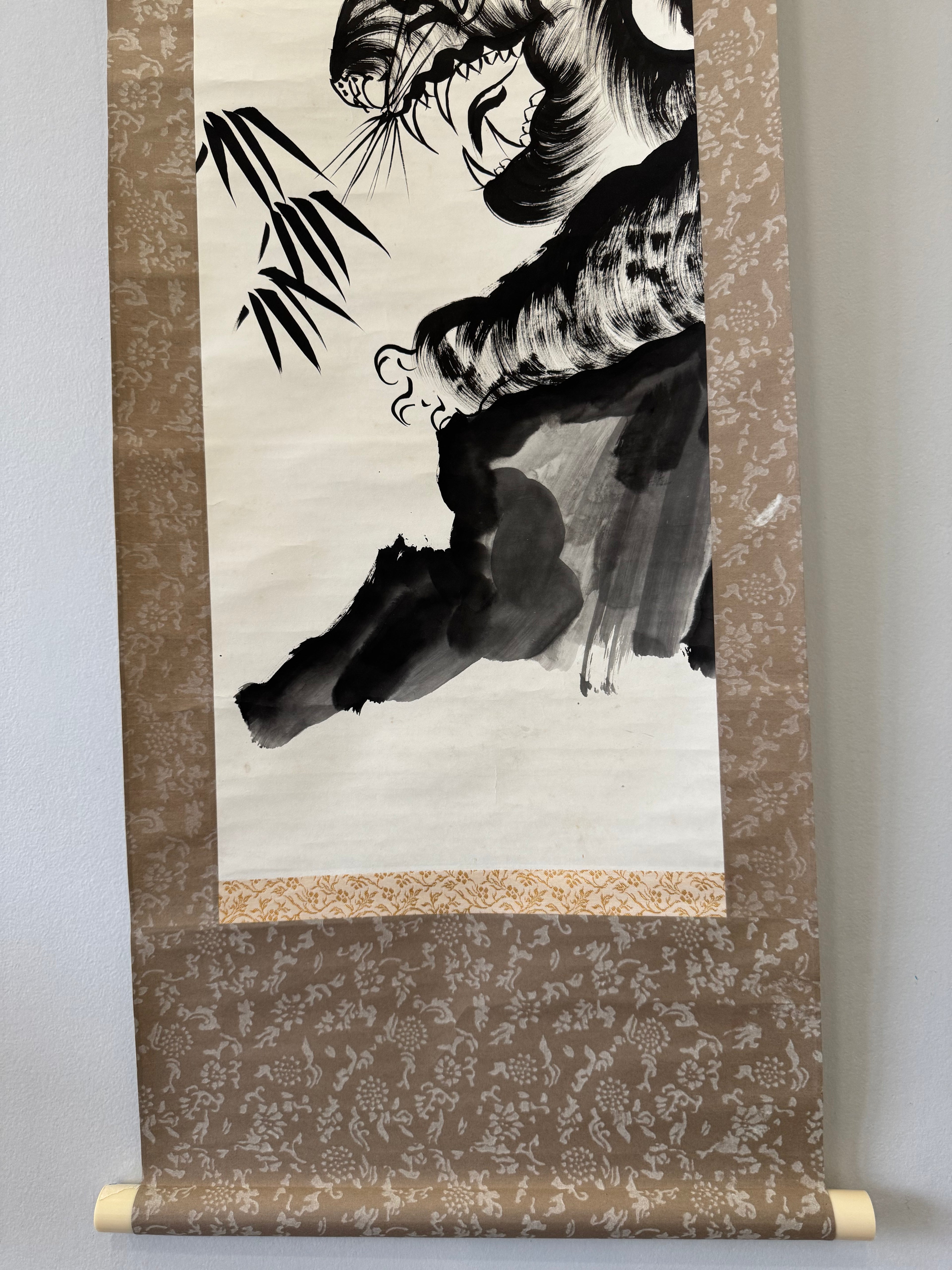 Vintage Japanese Ink Painting Scroll – Tiger and Bamboo with Calligraphy