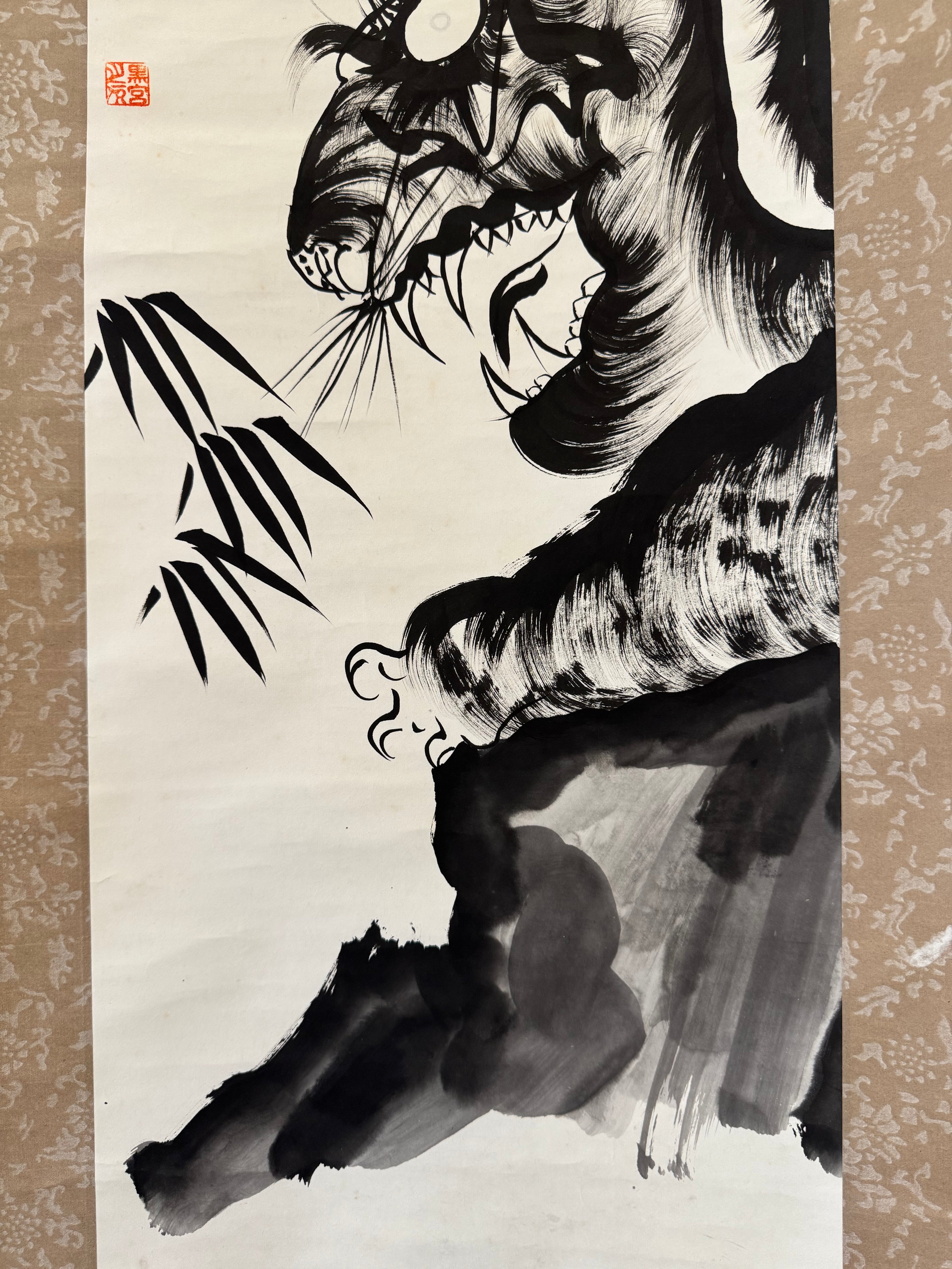 Vintage Japanese Ink Painting Scroll – Tiger and Bamboo with Calligraphy