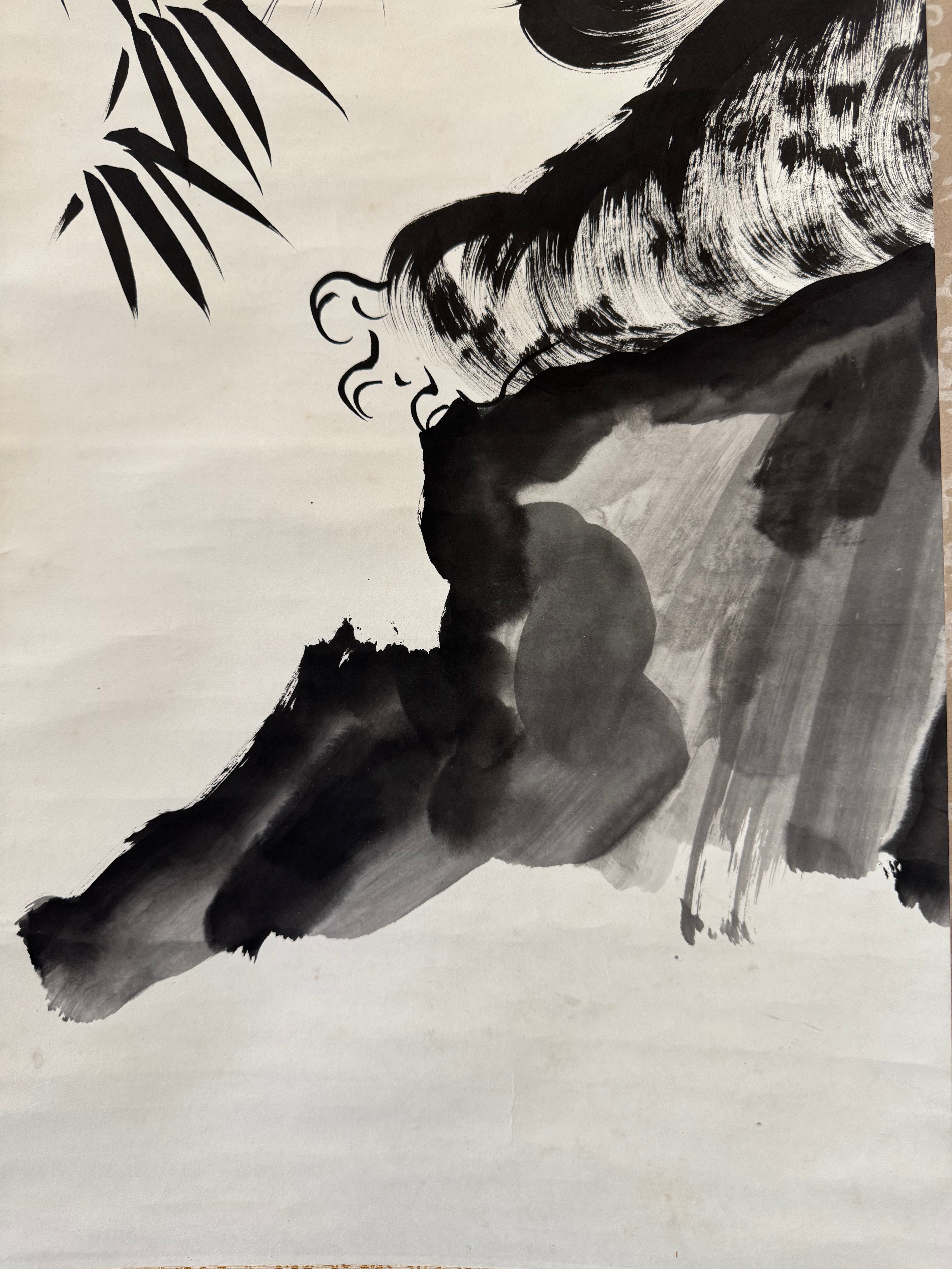 Vintage Japanese Ink Painting Scroll – Tiger and Bamboo with Calligraphy
