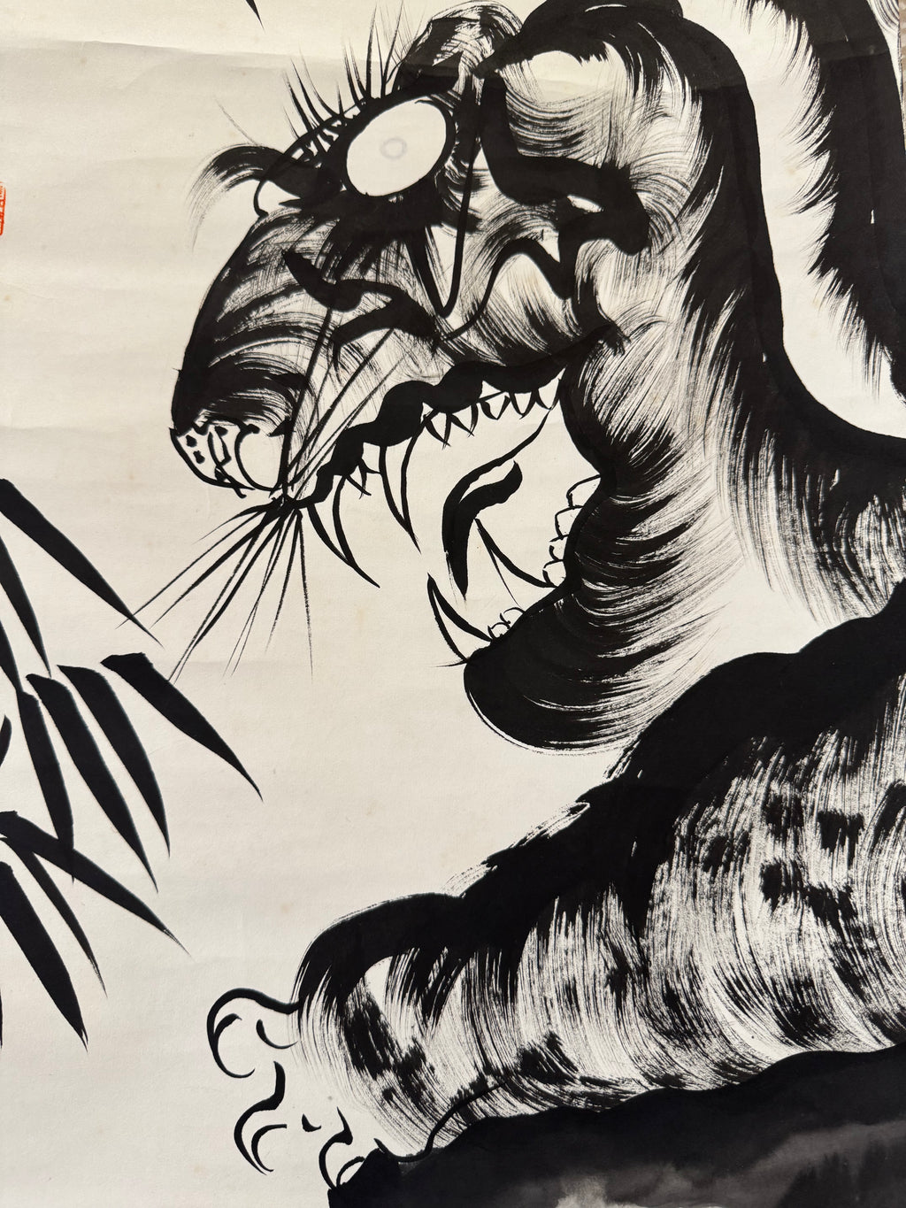 Vintage Japanese Ink Painting Scroll – Tiger and Bamboo with Calligraphy