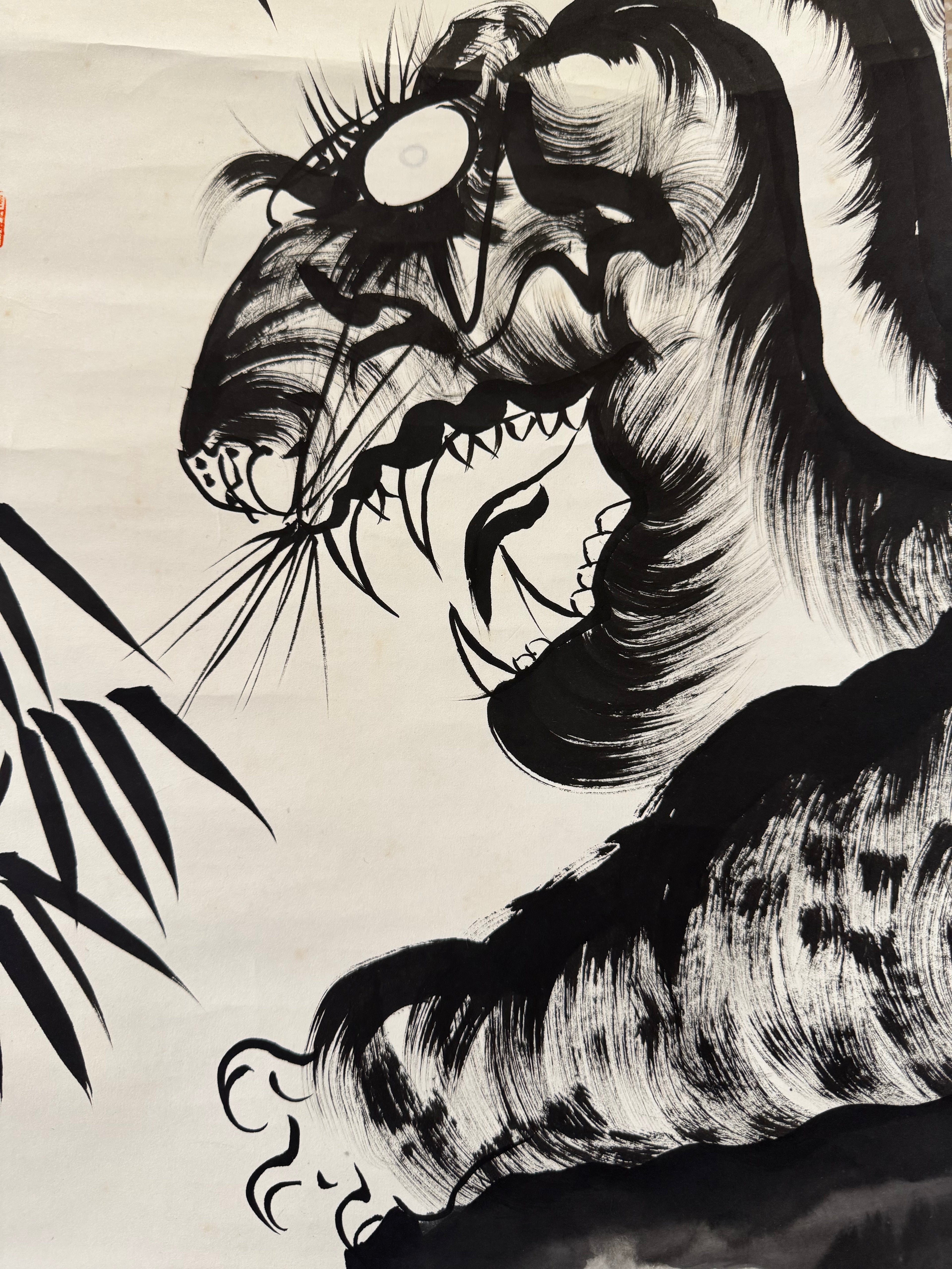 Vintage Japanese Ink Painting Scroll – Tiger and Bamboo with Calligraphy