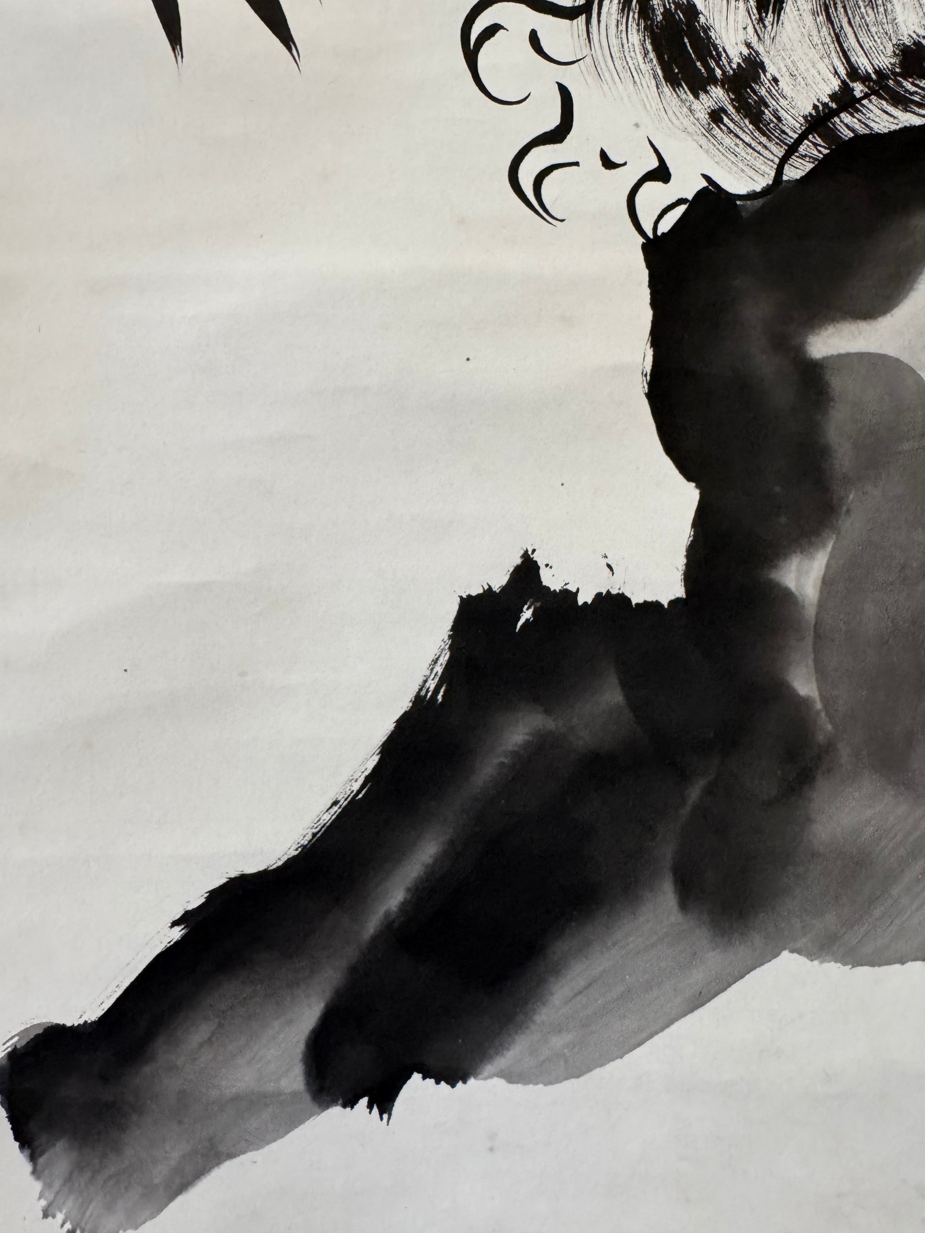 Vintage Japanese Ink Painting Scroll – Tiger and Bamboo with Calligraphy
