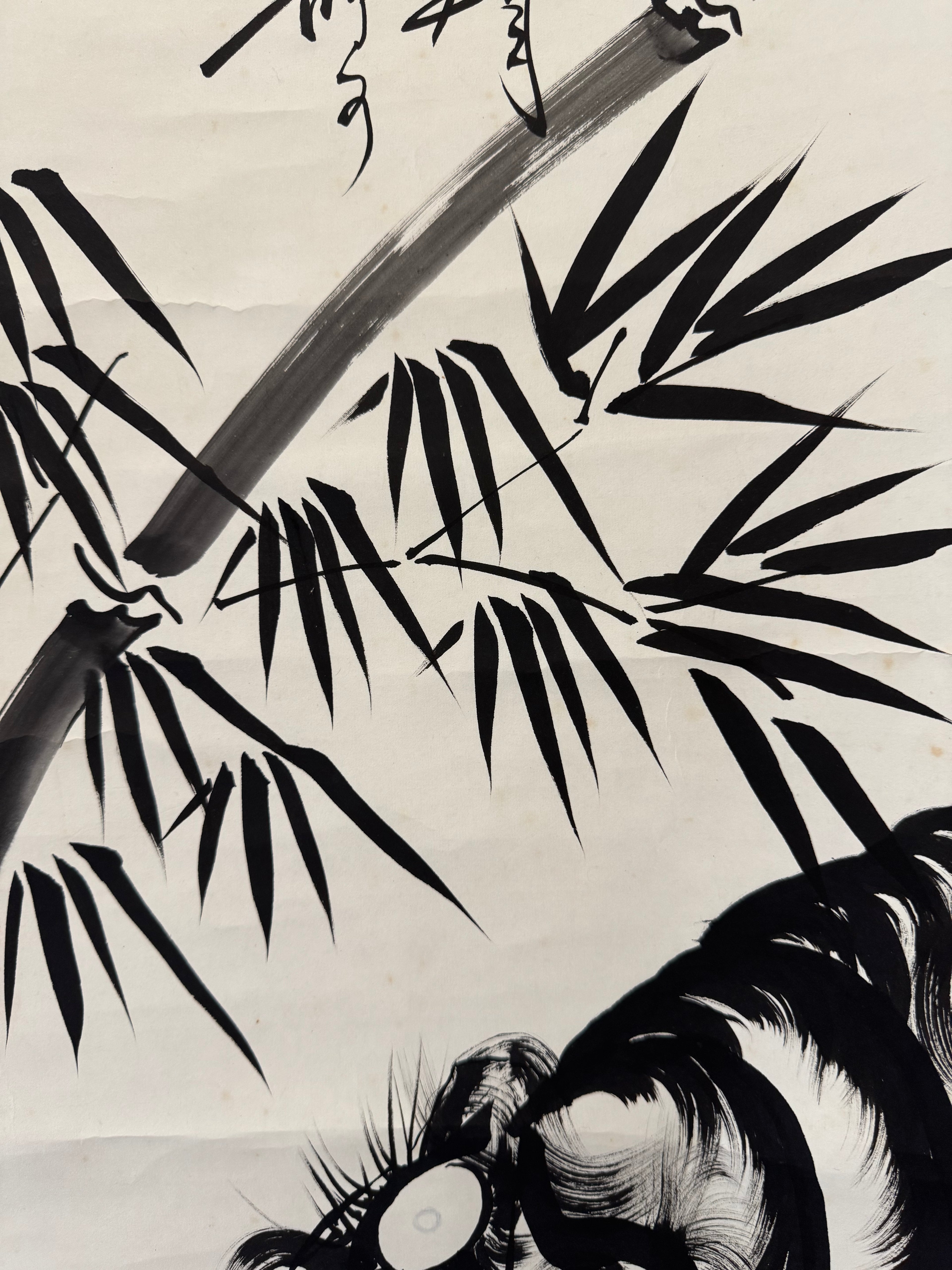 Vintage Japanese Ink Painting Scroll – Tiger and Bamboo with Calligraphy