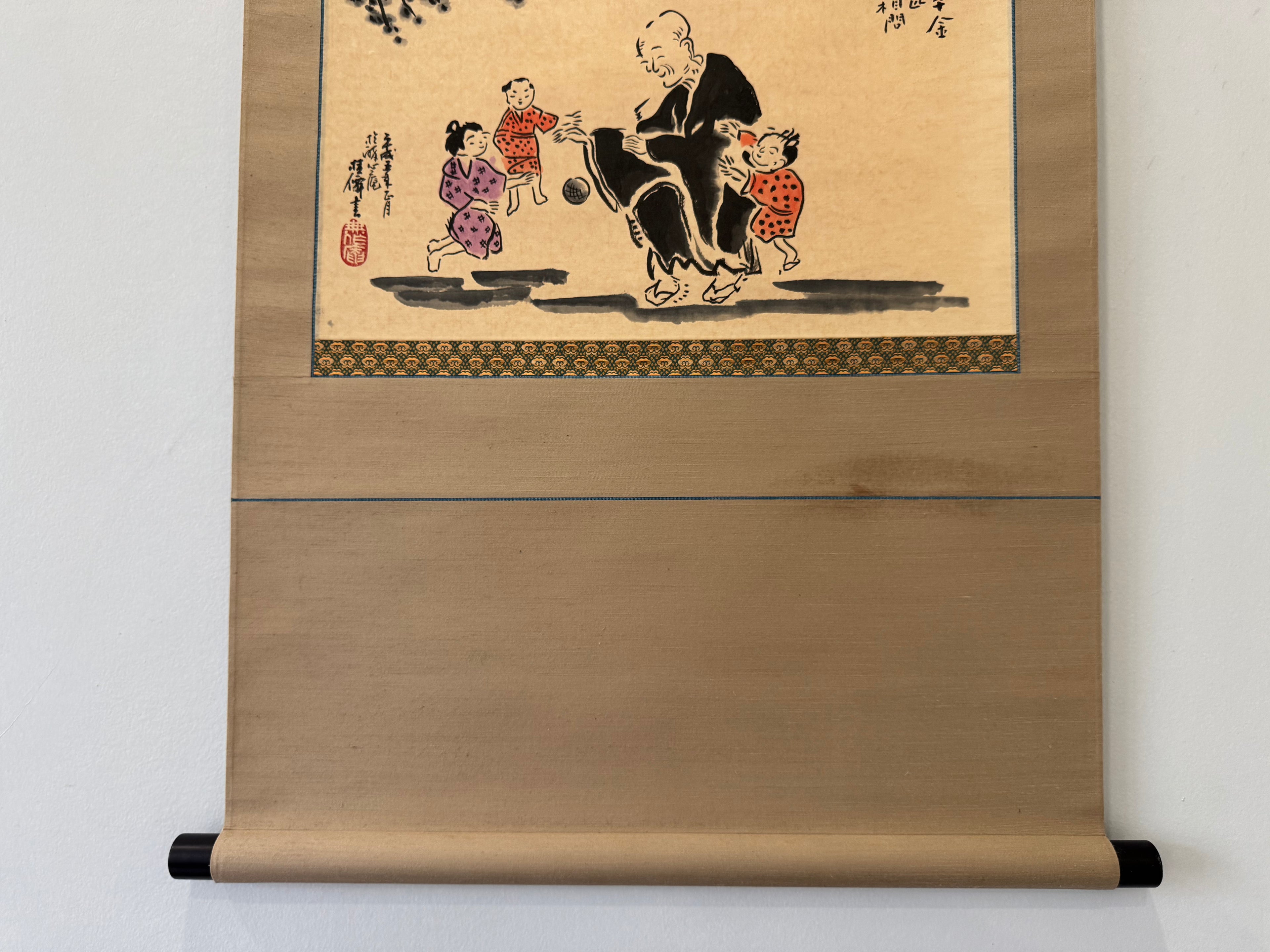 Vintage Japanese Painting with Calligraphy – Elder and Children Scene | Buddhist Moral Theme