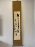 Vertical scroll with calligraphy on a plain wall