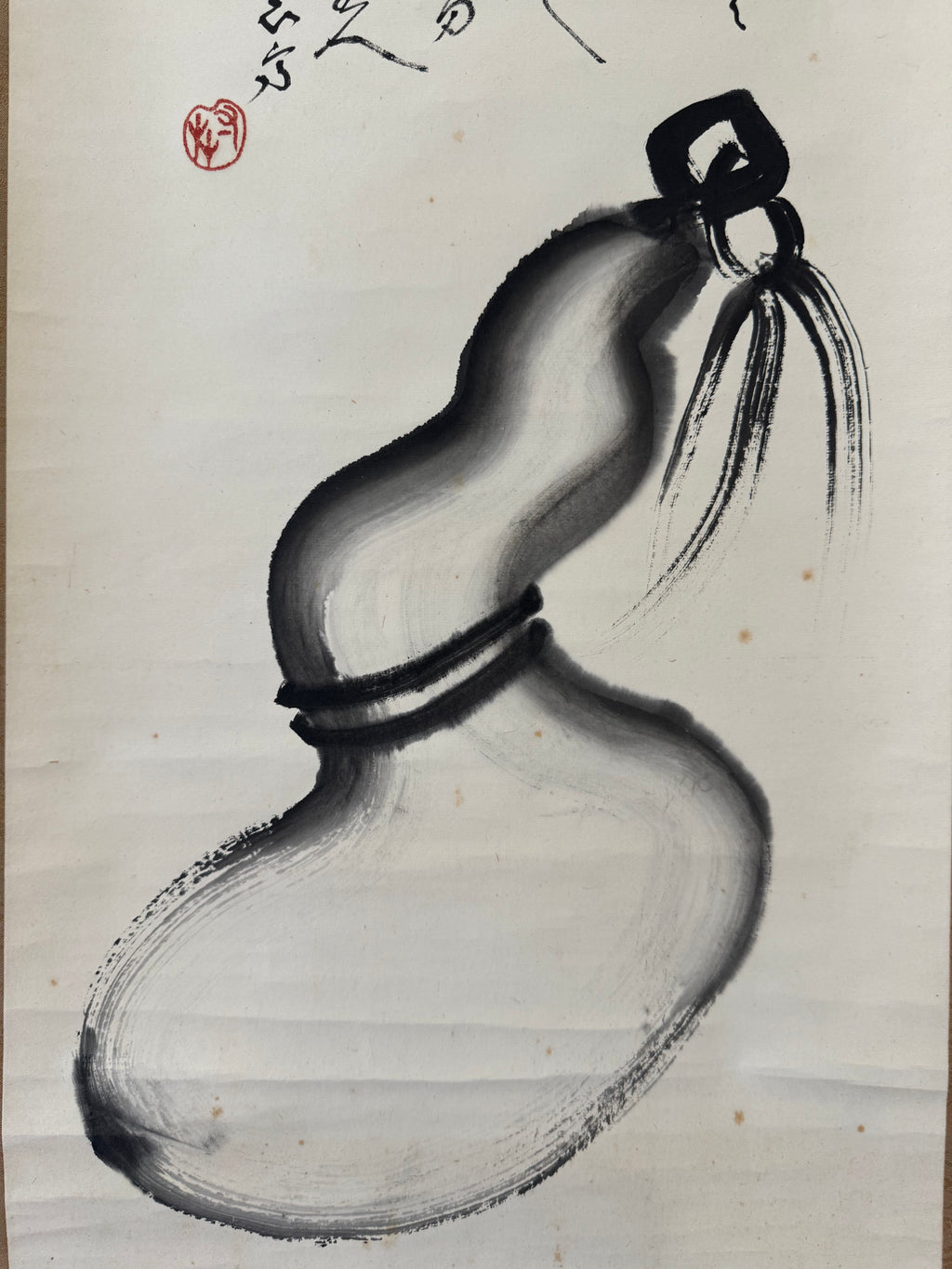 Vintage Japanese Calligraphy Scroll with Gourd (Hyotan) Ink Painting – Handwritten Sumi on Washi