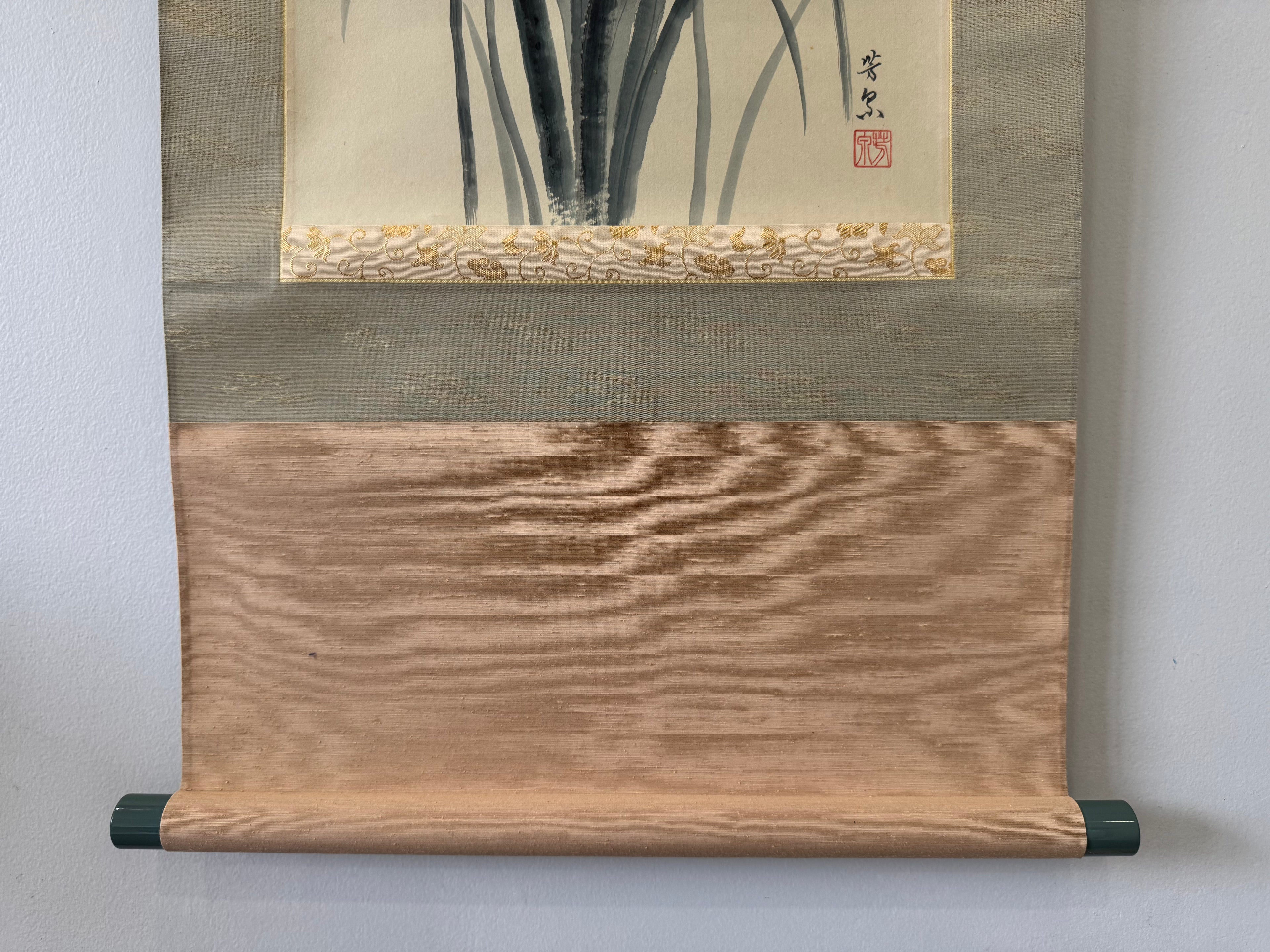 Vintage Japanese Kana Calligraphy & Iris Painting Scroll – Handwritten Ink on Washi Paper