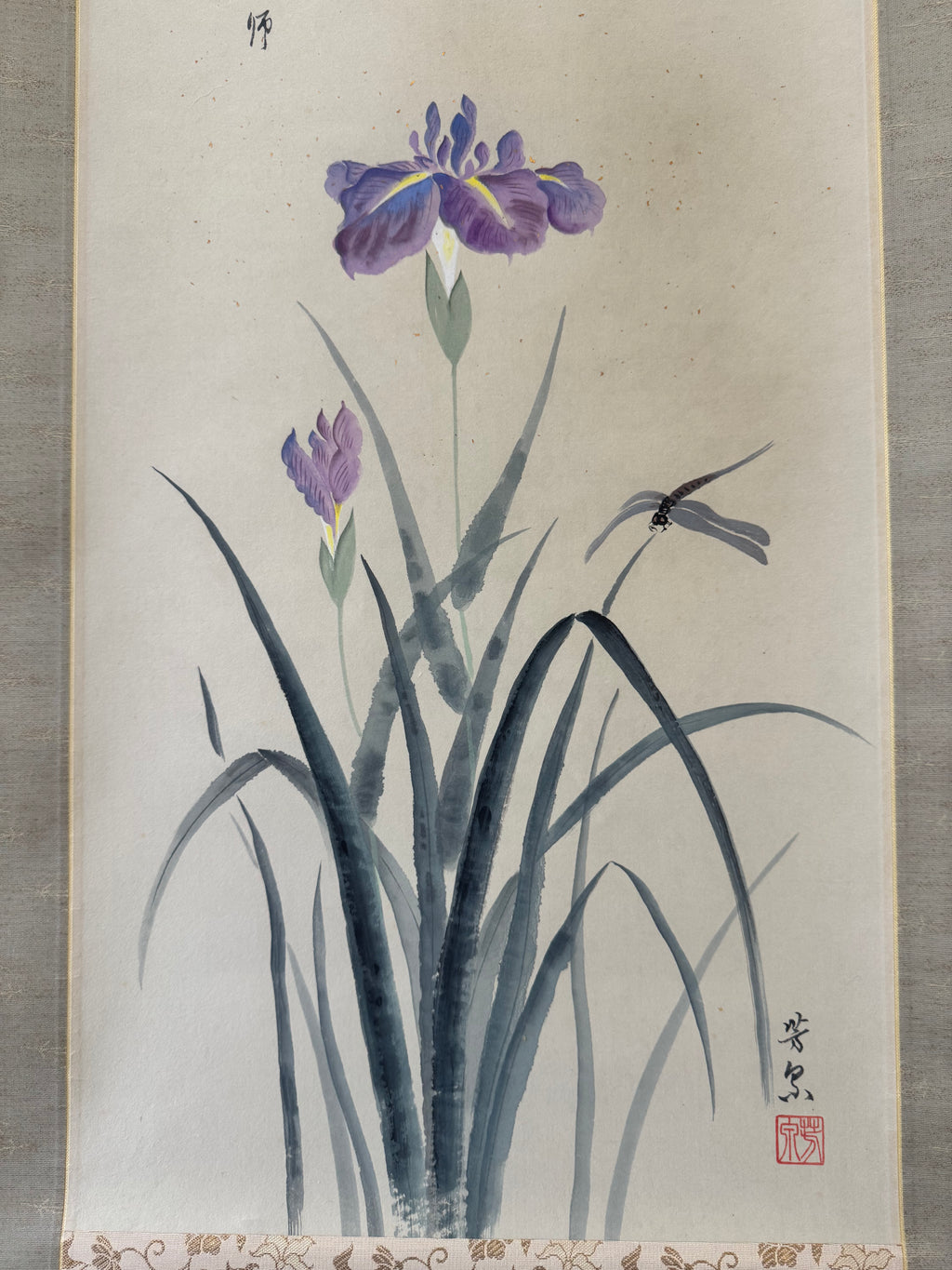 Vintage Japanese Kana Calligraphy & Iris Painting Scroll – Handwritten Ink on Washi Paper