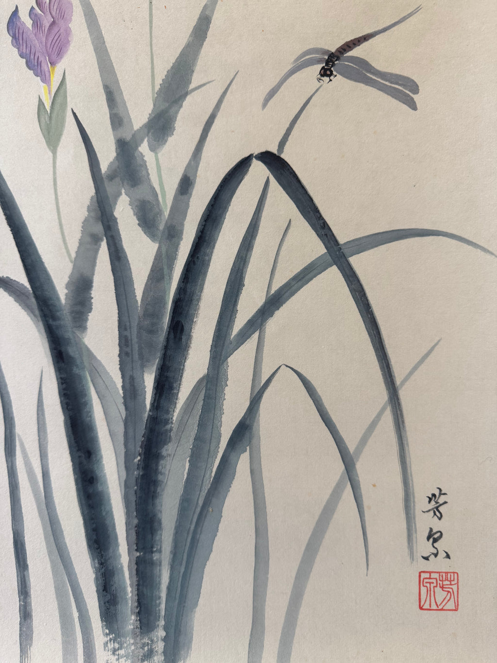 Vintage Japanese Kana Calligraphy & Iris Painting Scroll – Handwritten Ink on Washi Paper