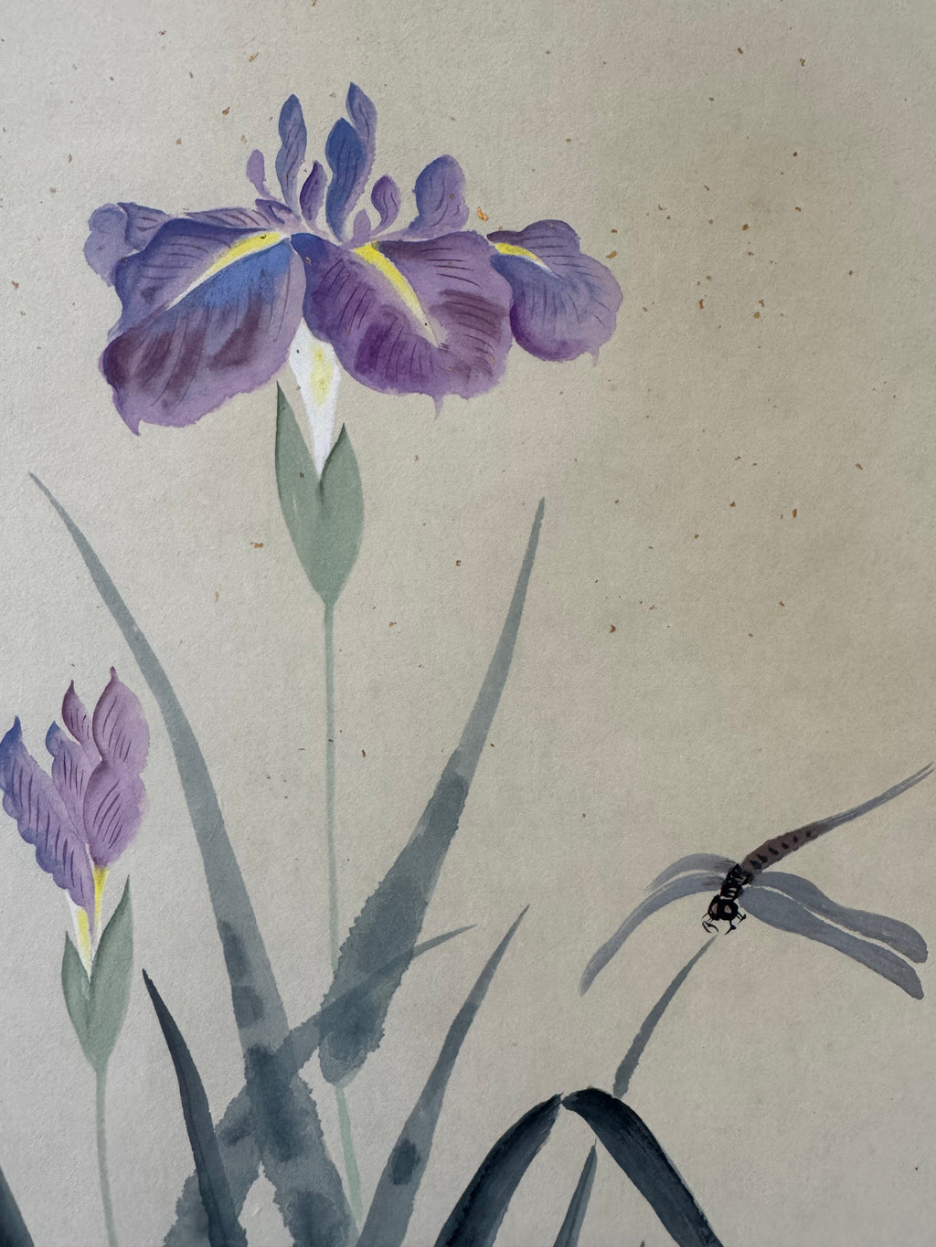 Vintage Japanese Kana Calligraphy & Iris Painting Scroll – Handwritten Ink on Washi Paper