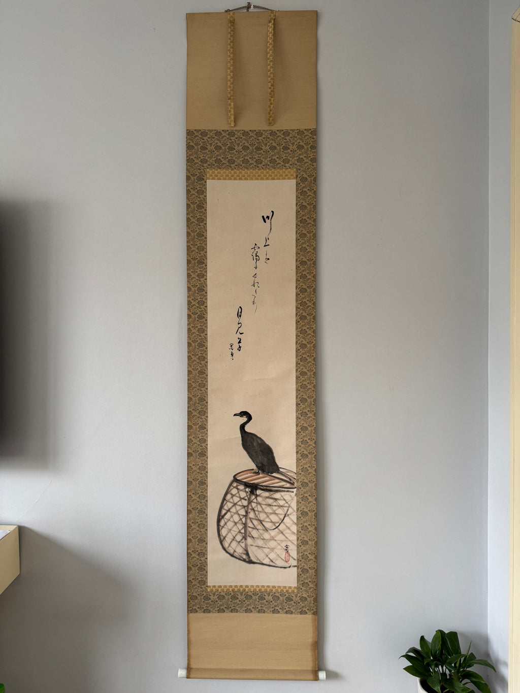 Japanese Cormorant Hanging Scroll – Vintage Ukai Fishing Kakemono with Haiku Calligraphy, Edo–Meiji Folk Literati Ink Painting